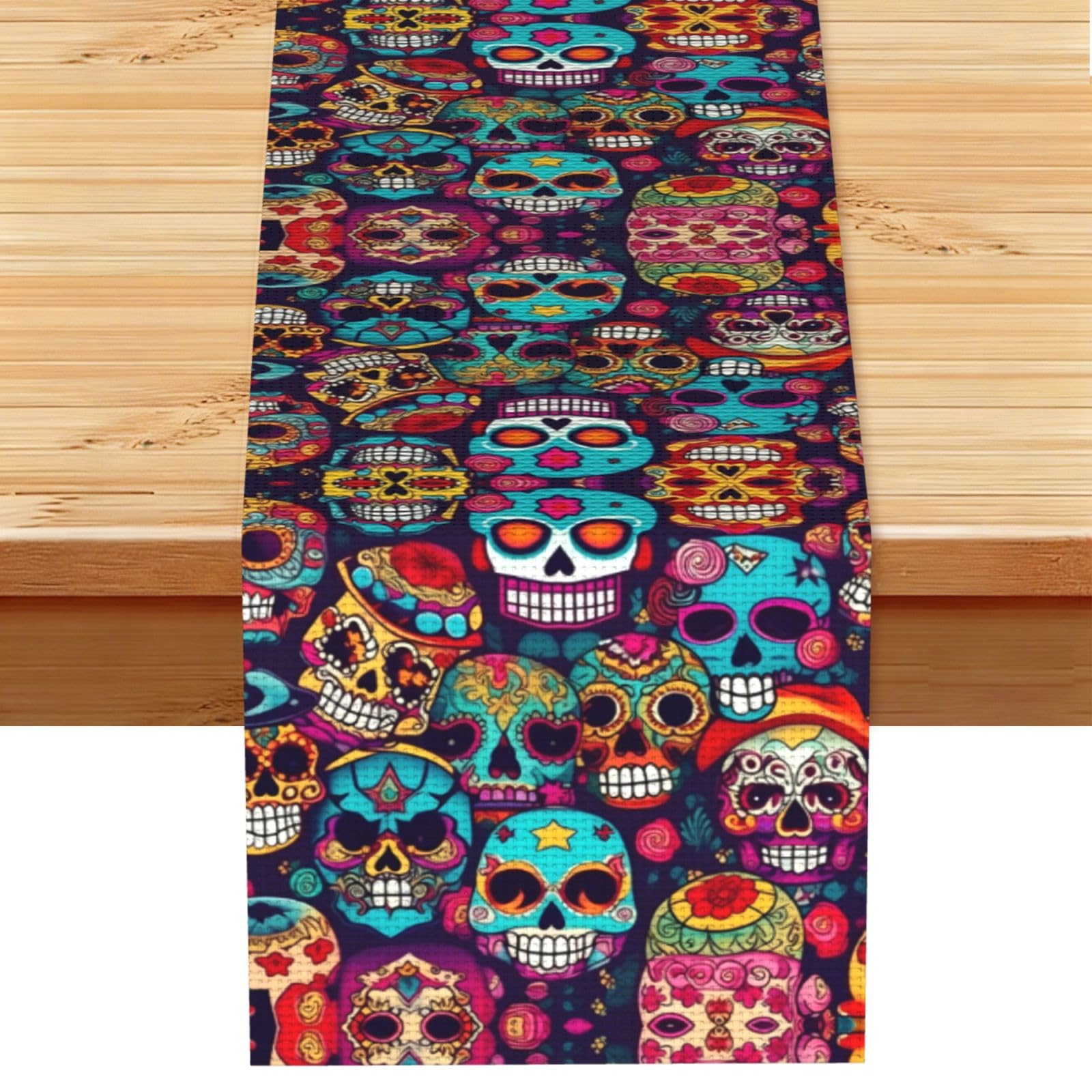 Sugar Skulls Printed Dining Table Runner 13x72 Inch, Non-Fading Decor for Kitchen Dresser Fireplace Mantel