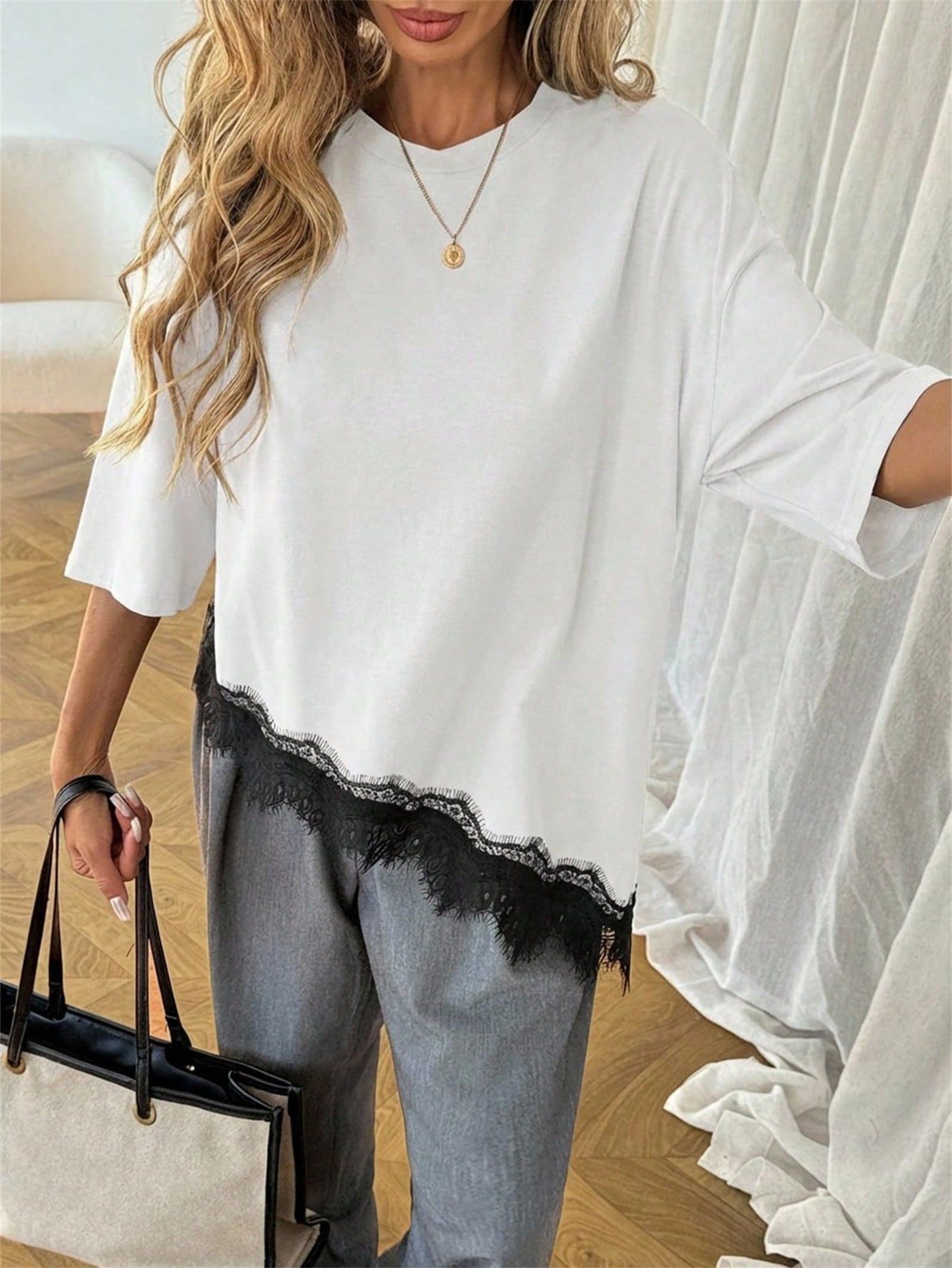 Blusa de Mujer con Dobladillo de Encaje, Corte Holgado, Manga Corta, Estilo Casual, Ideal para el Verano. Camiseta asimétrica con Encaje y Detalles de Encaje