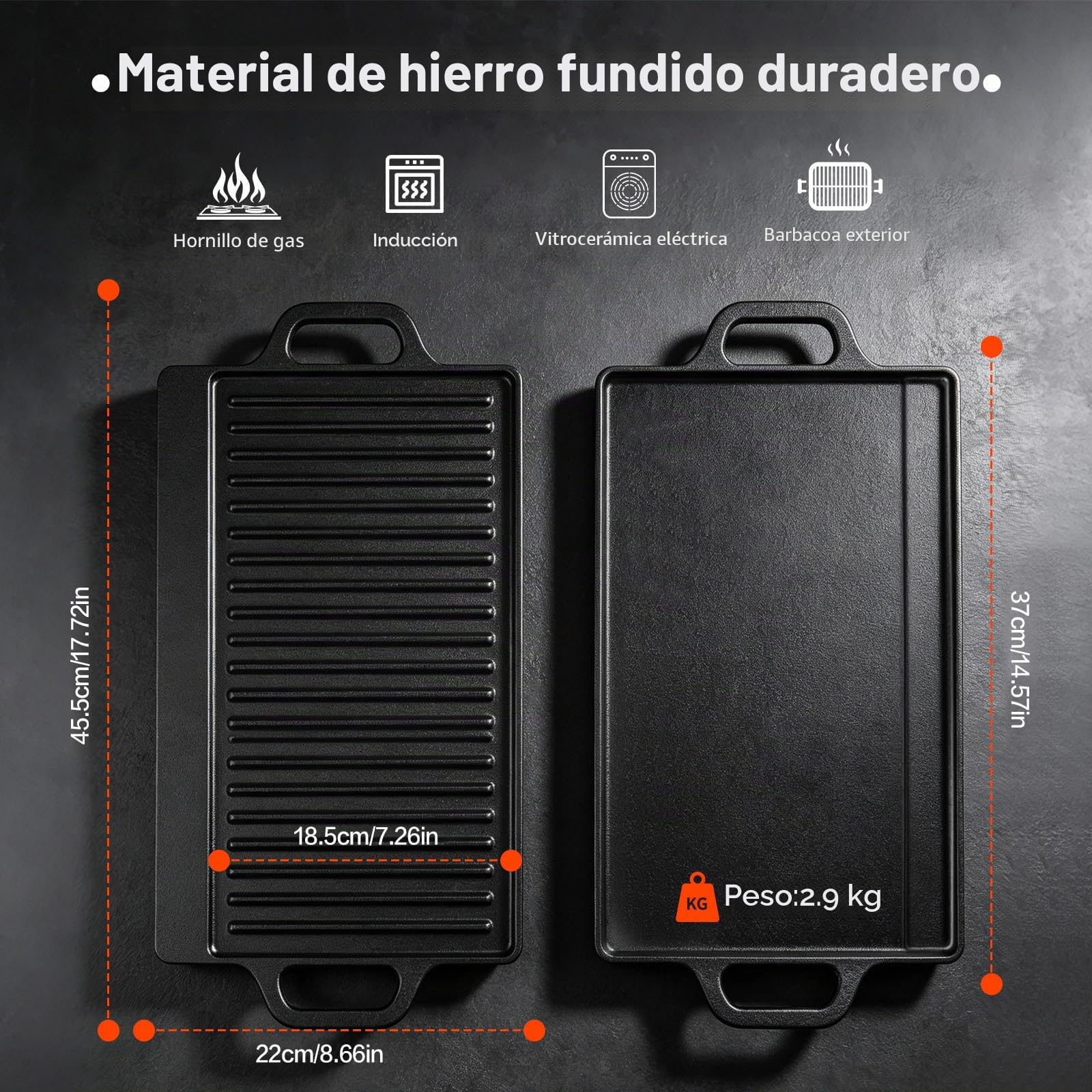 Plancha de hierro fundido 32ª, 46 x 23 cm | Superficies planas y estriadas de doble cara, aptas para cocinas de gas, eléctricas y de inducción