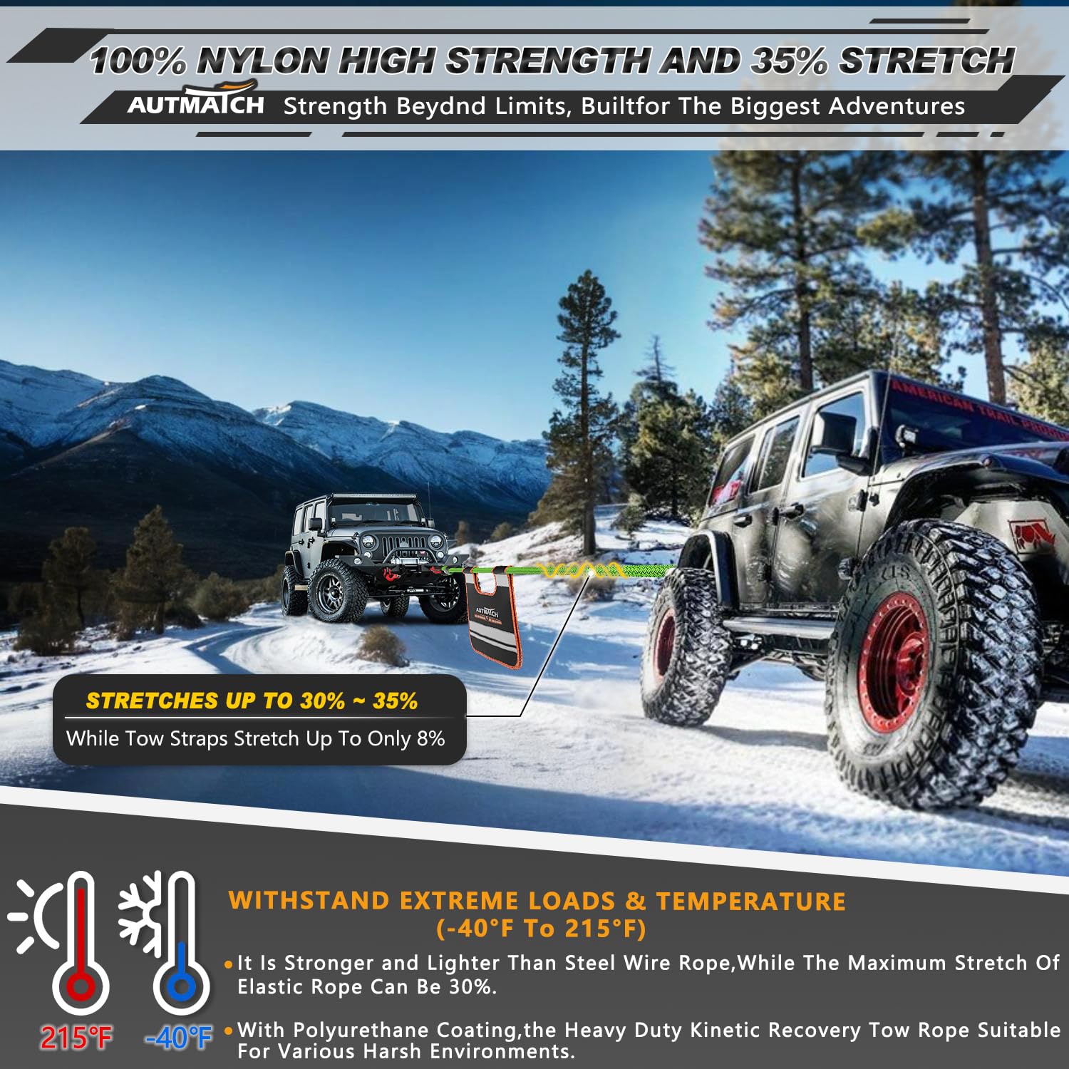 AUTMATCH Kinetic Recovery Abschleppseil, 2,5 cm x 6,1 m, robuster Offroad-Schnappgurt, 21,772 kg, 35 % Elastizität, Energierückgewinnungsseil für Geländewagen, LKW, Anhänger, ATV, UTV, Grün