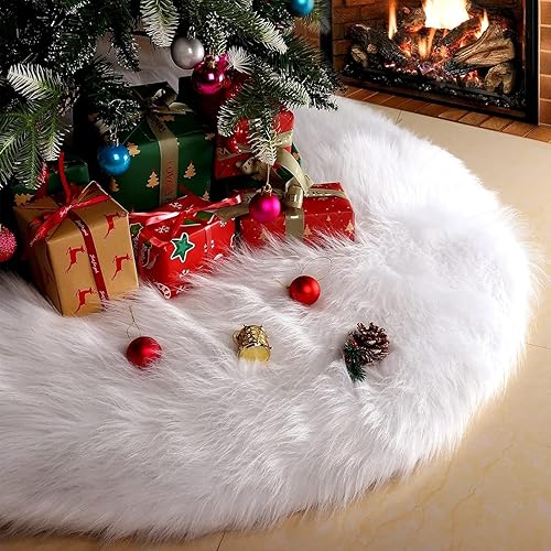 Falda de árbol de Navidad de 36 pulgadas, falda de terciopelo de felpa blanca de piel sintética para decoración de árbol de Navidad