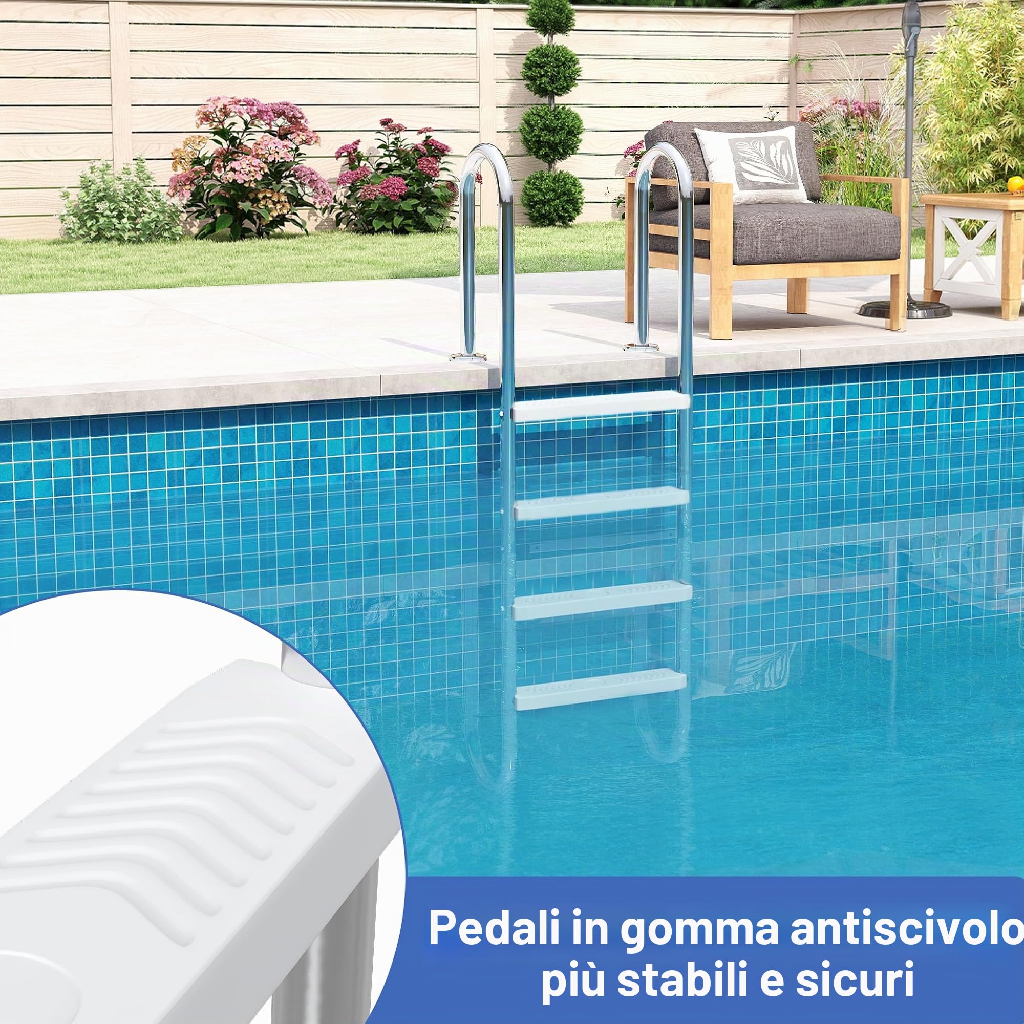 UISEBRT 304 - Scala per piscina in acciaio inossidabile con 4 gradini | 157 x 54 x 26,5 cm - Argento | Scala da piscina con antiscivolo | Scala per l'ingresso a piscina e vasca | Resistente fino a 150
