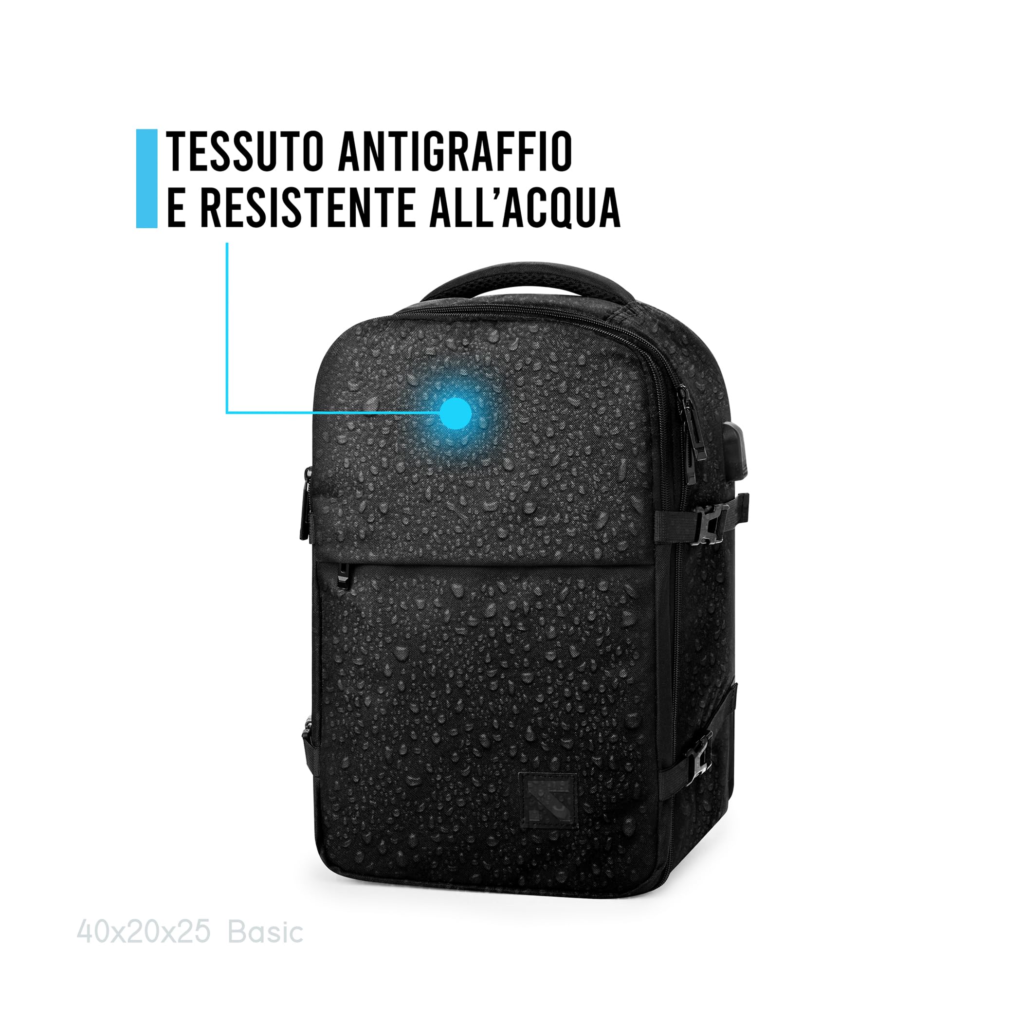 Snito Zaino Ryanair 40x20x25, Bagaglio a mano Ultraleggero con Porta USB per PC,Impermeabile e pieghevole,Zaino con Scomparto pc,Scarpe,Easyjet,Wizzair (BASIC, BLACK, 40 X20 X 25 CM)