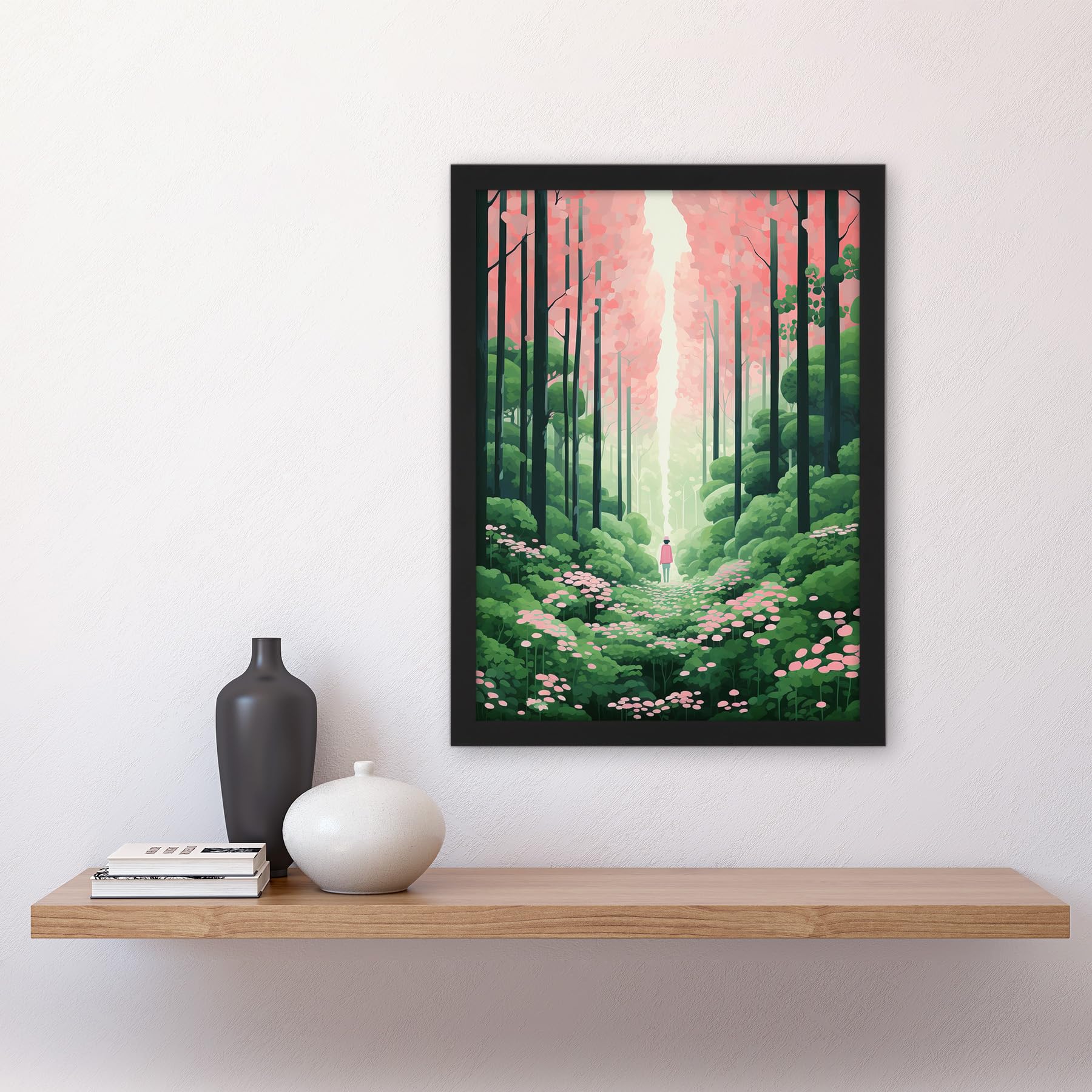 Artery8 Mount Yoshino Cherry Blossom Tree Forest Bright Artwork Baby Pink Green Walk in Nature Trail Artwork Framed A3 Wall Art Print - Image 2