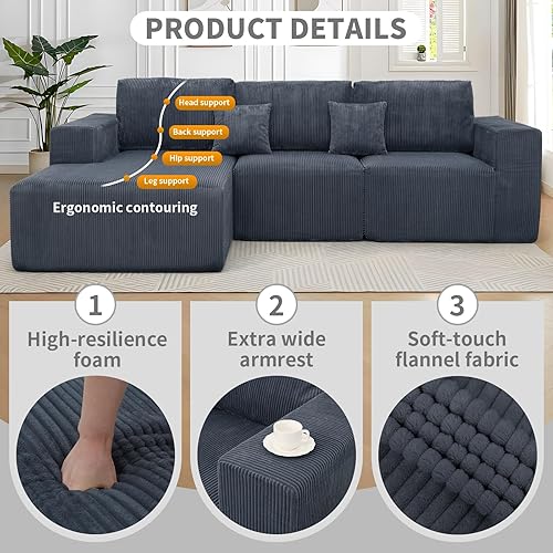 Miniatura 5 de 3 sofás sin hueso para sala de estar, sofá en forma de L, sofá modular modular modular profundo seccional de 111 pulgadas, sofás comprimidos para