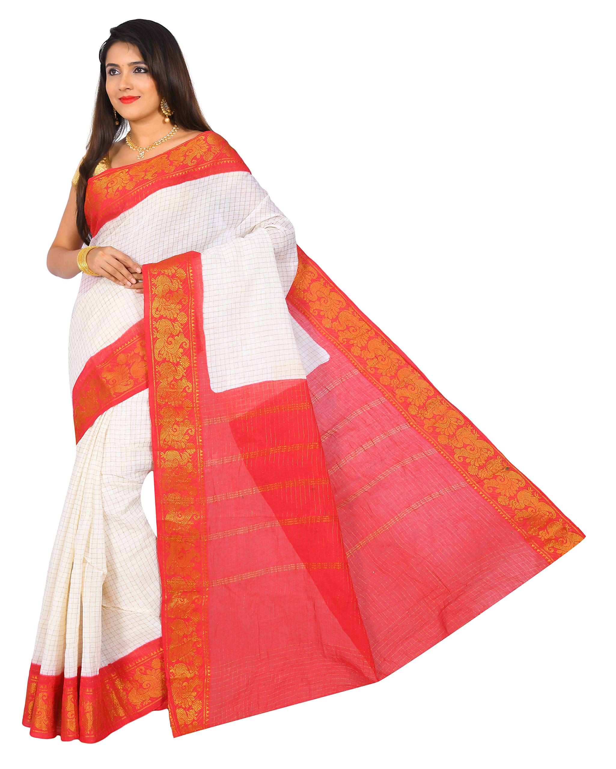 JISB Women's Sungudi Cotton Checks Saree (Red)