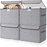 Large 22 Quart Linen Fabric Foldable Storage Bin Cube Organizer Basket with Flip-Top Lid & Handles, Clothes Blanket Box for Home, Office, Closet, Gray, 4 Pack 14.6 x 9.5 x 9.5”