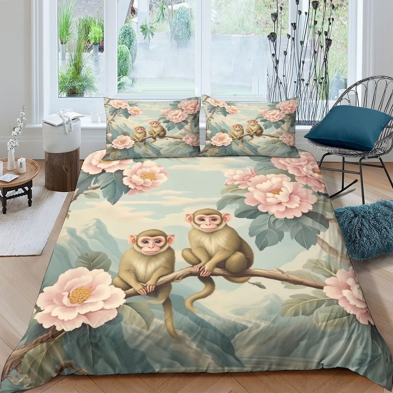 GPLZQXKJNH 3D Printed Monkey Branch Duvet Cover Set Microfiber Soft Floral Bedding Set with 2 Pillowcases for Bedroom Decor Single（135x200cm）