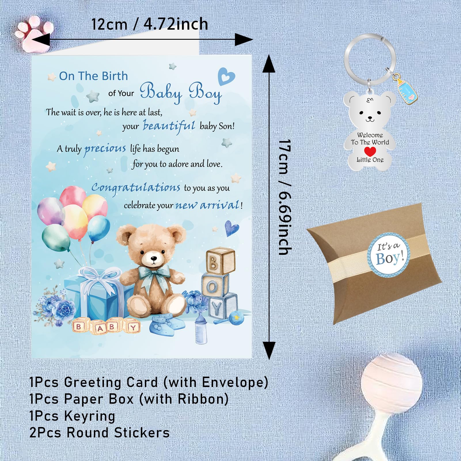 Baby Boy Card, New Baby Boy Card, Welcome To The World, Congratulations New Baby Keyring Gifts, Newborn Card with Envelope (Blue - Boy) - Image 2
