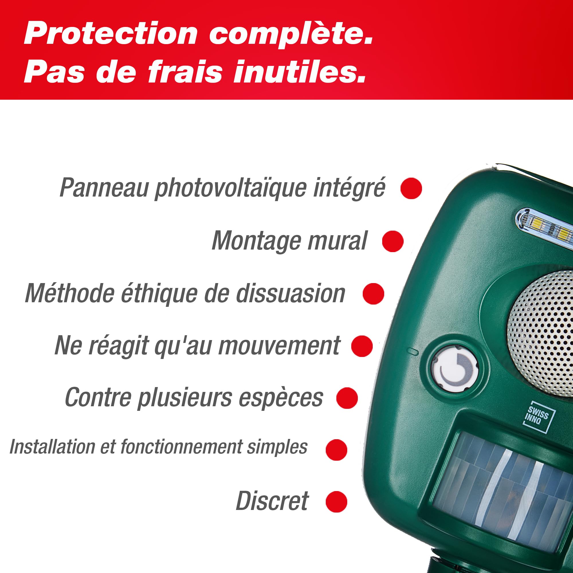 SWISSINNO Répulsif Chat Ultrason Animaux Pro Solaire 150 m² extérieur | Panneau Solaire, Répulsif Ultrasons Animaux, Chiens martres renards, flash LED, sirène, jour et nuit, electrique