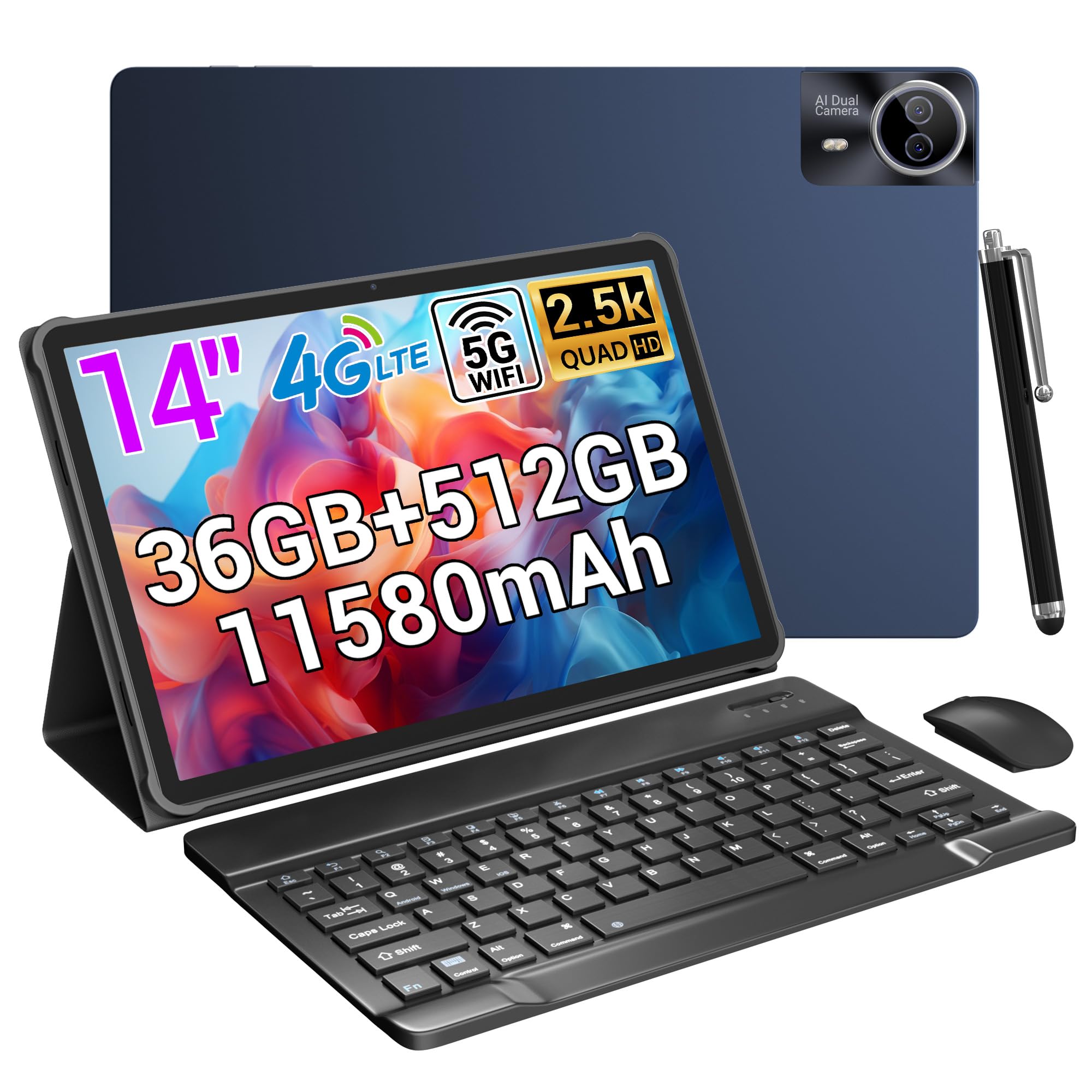 14 Zoll Tablet, 2.5K Display, 36GB RAM + 512GB ROM (1TB erweiterbar), 4G LTE Dual SIM + 5G WiFi, Quad-Speaker/GPS/GMS/Gemini AI/11580mAh/13MP, Android 15 Tablets mit Tastatur/Maus/Hülle/Kopfhörer/Pen