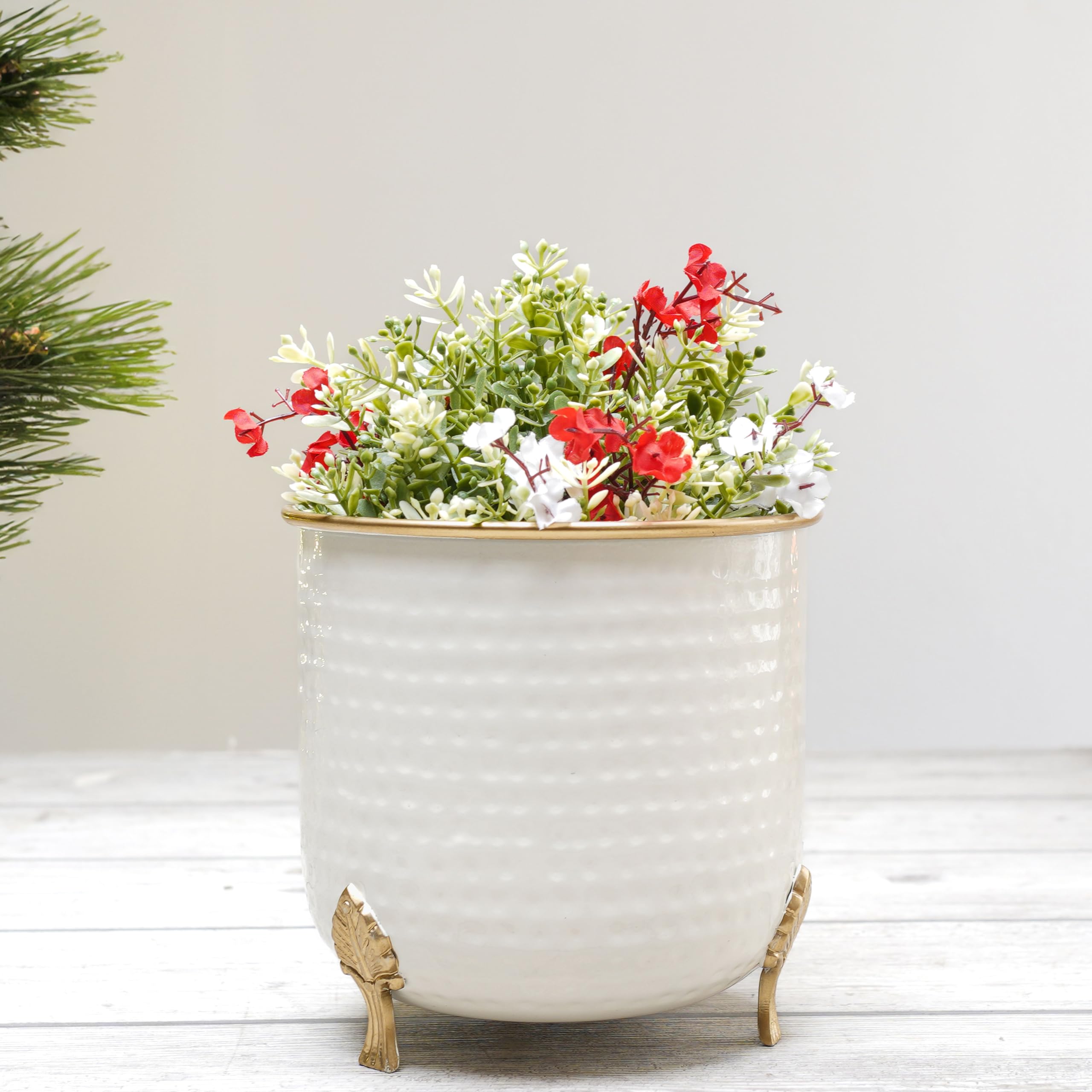 BEHOMA Metal Hammered White Planter with Golden Trim for Home Decor | Decoratives for Indoor Outdoor Balcony Living Room | Table Decorative Plant Pot for Gifting | White (Plant not Included) (B0CTKCY7JN) Amazon Price History, Amazon Price Tracker