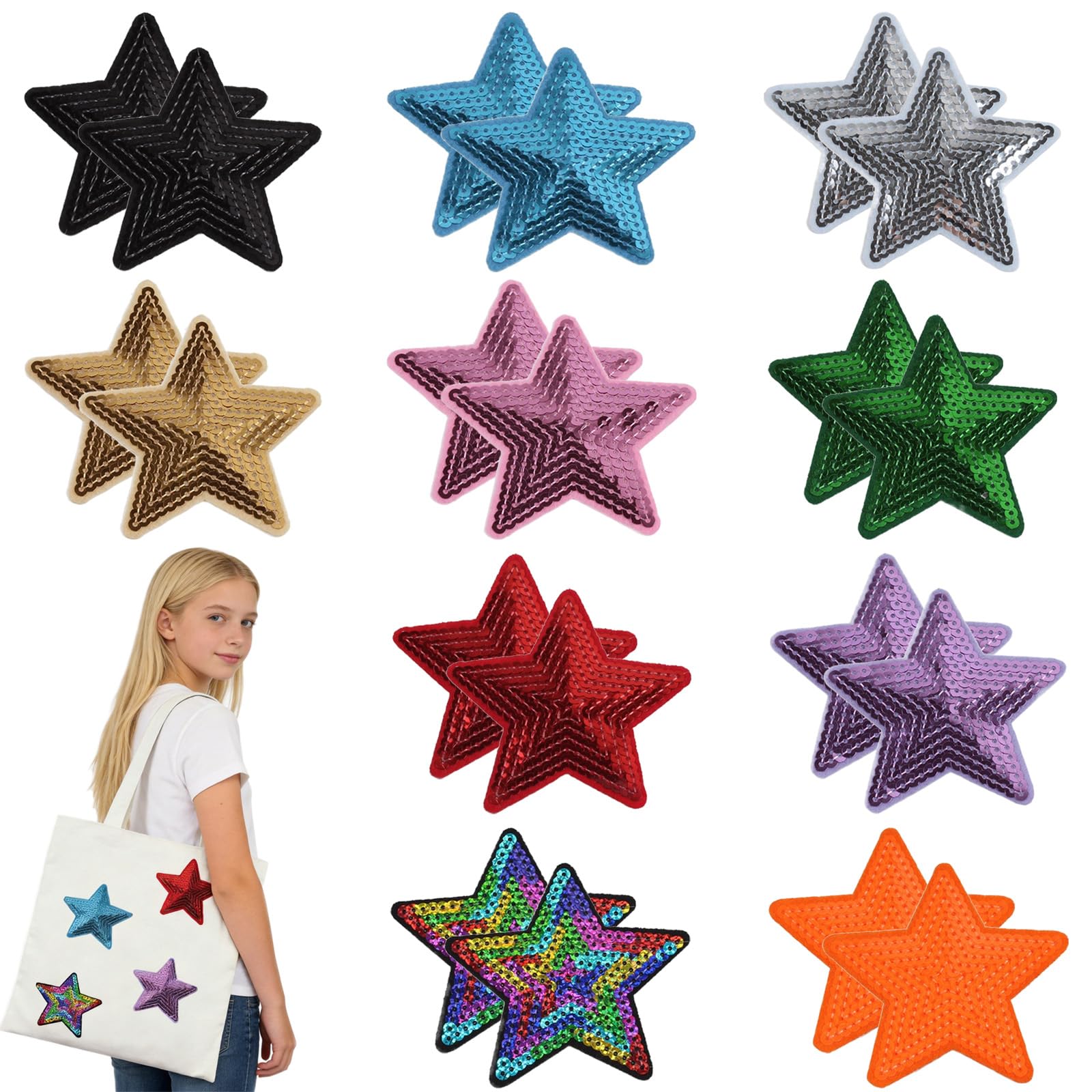 JYJLLM 20PCS Star Sequin Iron on Patches, 10 Colors Glitter Embroidered Appliques for DIY Clothing Jeans Bags Jacket Decoration