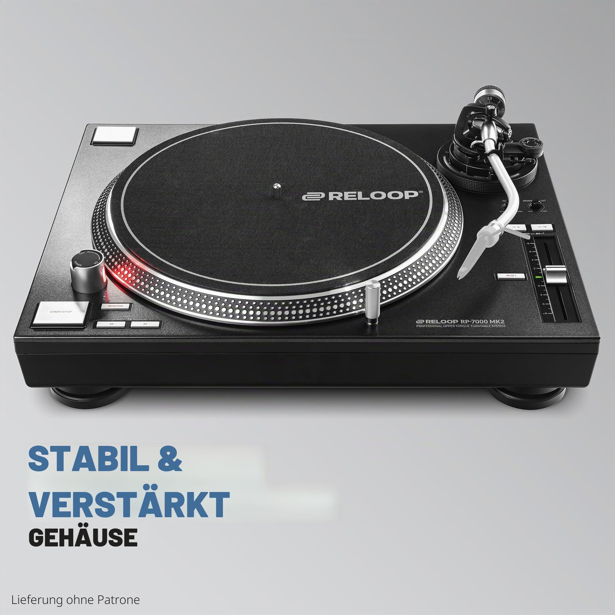 Reloop RP-7000 MK2 – Professioneller DJ Plattenspieler mit Upper Torque Quartz Direktantrieb, Neuer Tonarmbasis, S-Tonarm, hochauflösende Pitch Sektion mit digitalem Fader, schwarzmetallic