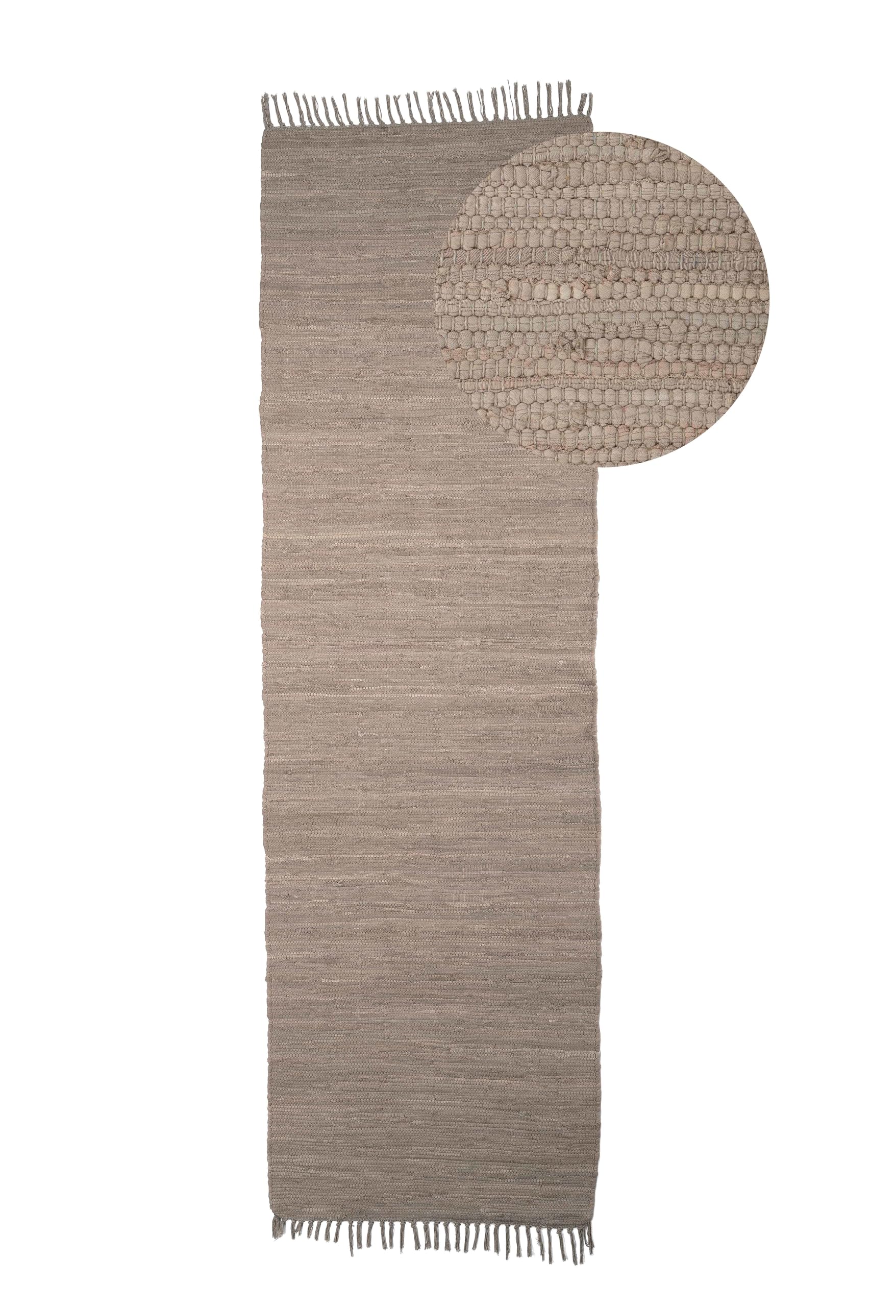 carpetfine Flickenteppich Kelim Chindi Uni Läufer Taupe 70x240 cm, handgewebt | Fleckerlteppich aus Baumwolle für Wohnzimmermit Fransen