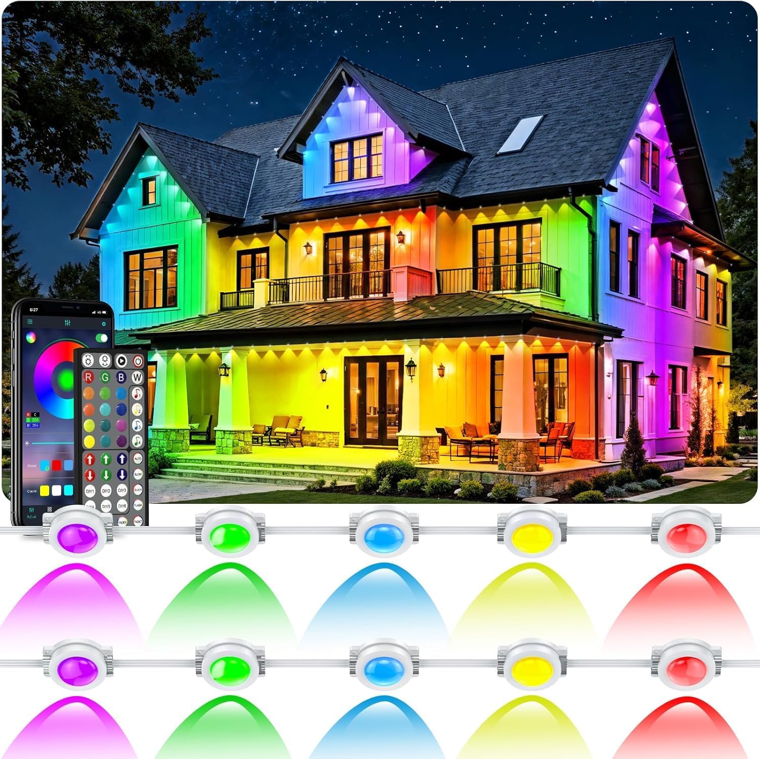 - 500FT Permanent Outdoor Lights Waterproof with Smart App Control Remote,DIY Scene Modes,Music Sync hronization,Eaves Lights for Garden Decor,Deck,Christmas