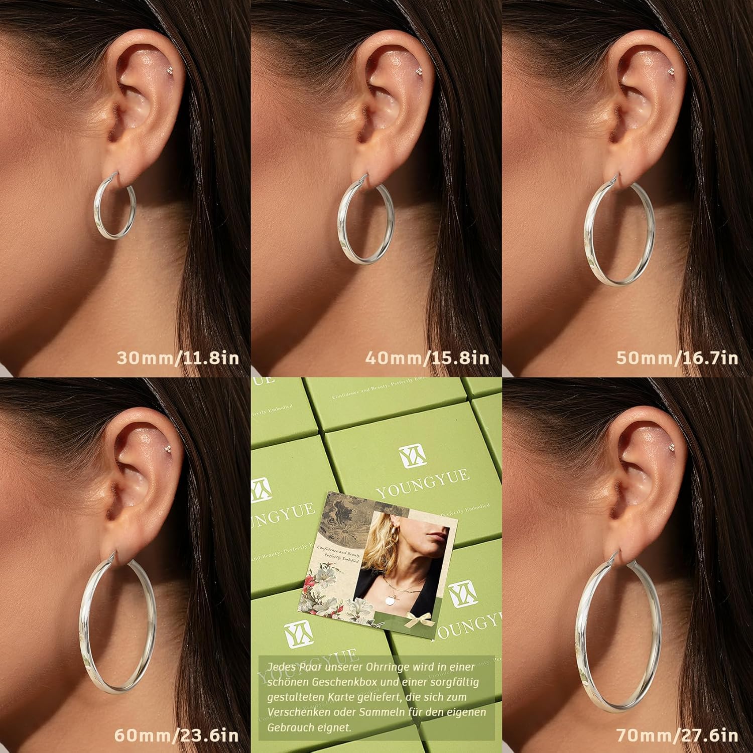 YOUNGYUE 5mm Wide 925 Sterling Silver Hoop Earrings Hypoallergenic 14K Real Gold Plated Lightweight Big Hoop Earring for Women Oversize Large Silver Hoops Earring for Women 20/30/40/50/60/70mm - Image 5