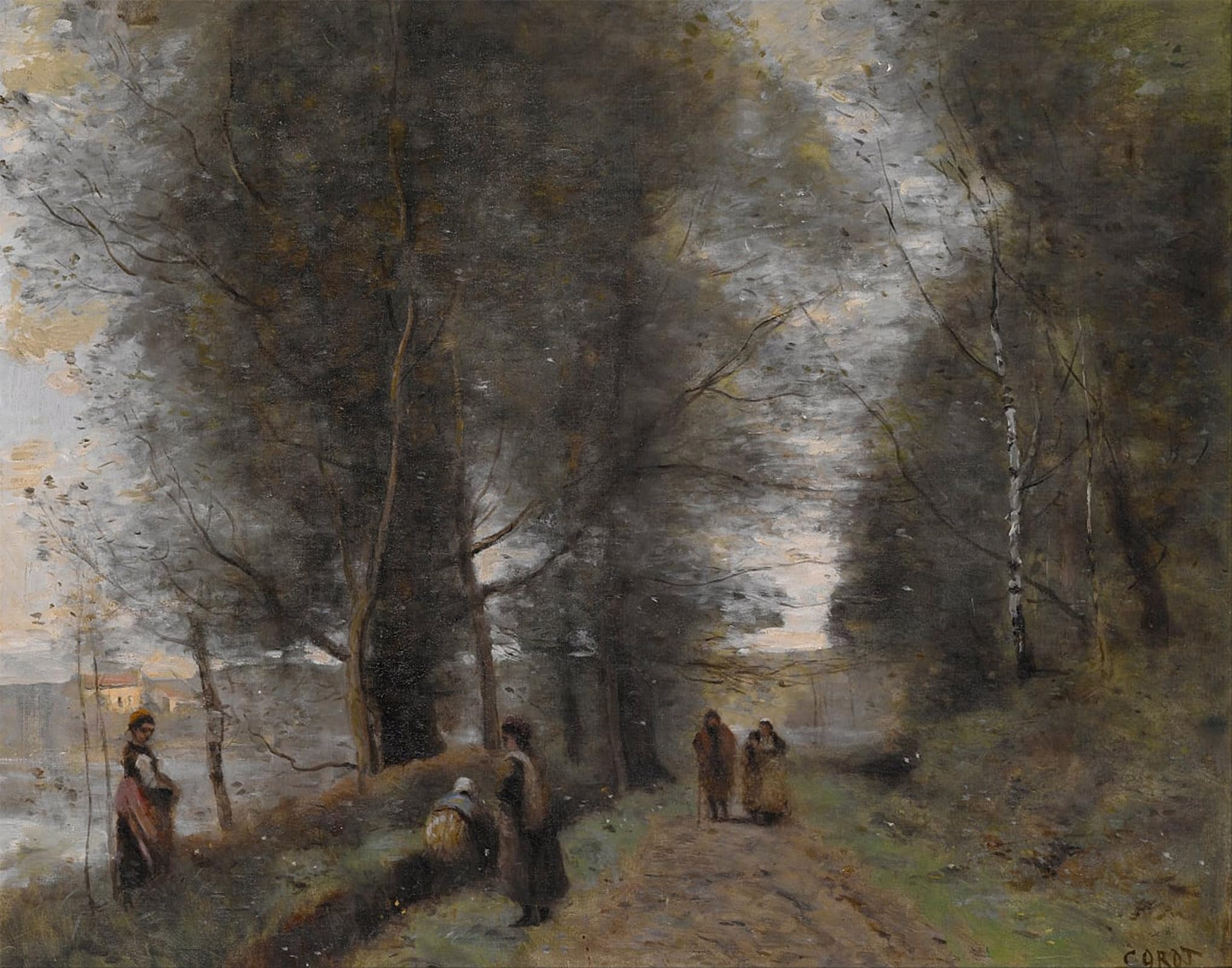 SERENDIPITP Abstract Painting Mural Print Picture Wall Decor Painting Ville dAvray Woodland Path Bordering the Pond by Jean Baptiste Camille Corot Vintage Wall Artwork for Home Decor 60x90cm