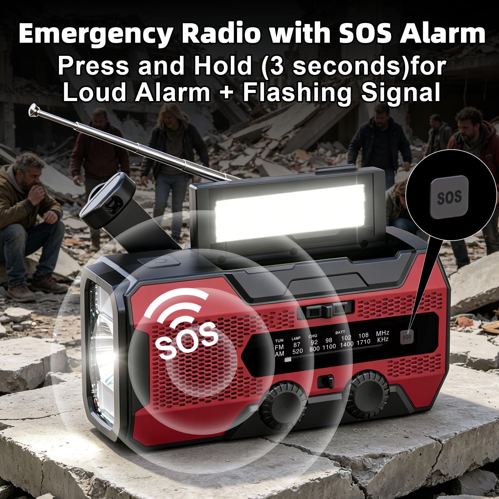 SOLARBABY Radio a Manovella 10000mAh, Radio Solare Portatile con Torcia, Luce di Lettura, AM/FM Radio di Emergenza Solare con Allarme SOS, USB per Emergenze Blackout Campeggio, Rosso