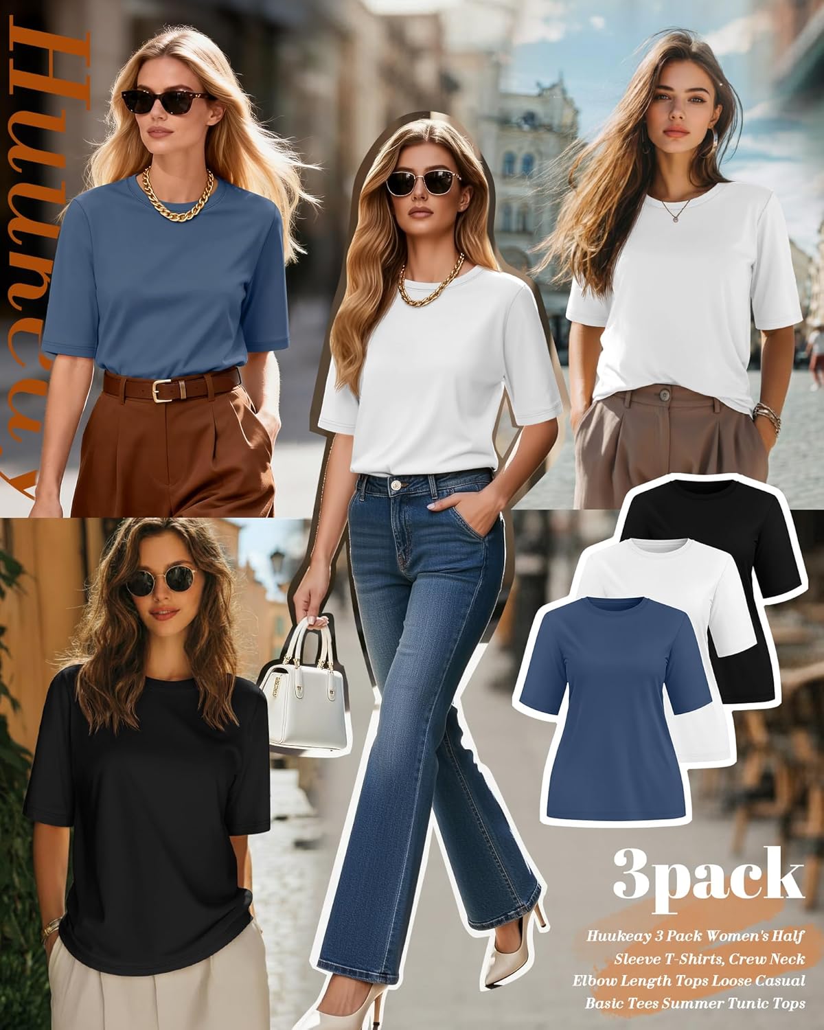 Huukeay 3 Pack Women's Half Sleeve T-Shirts, Crew Neck Elbow Length Tops Loose Casual Basic Tees Summer Tunic Tops - Image 3