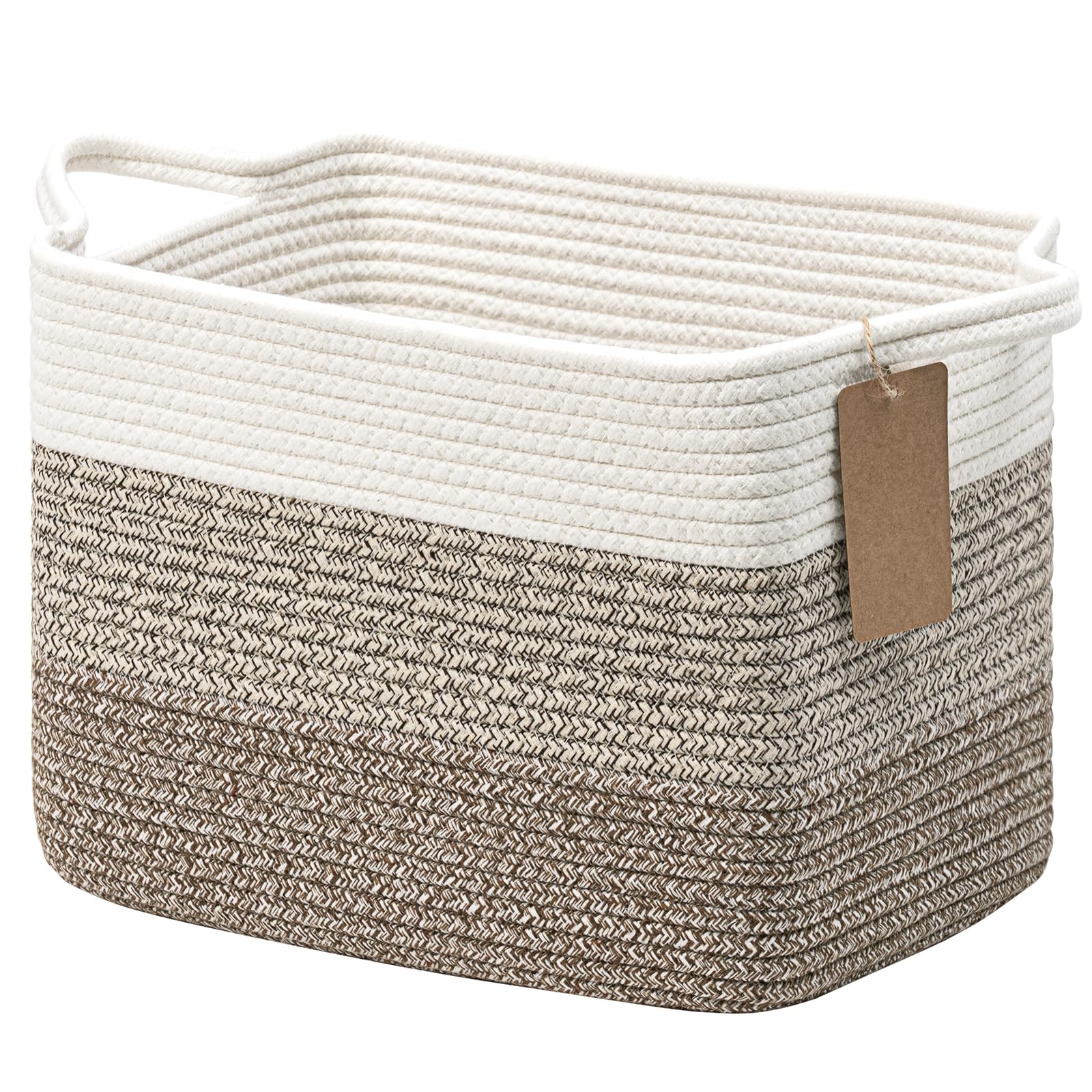 Timeyard White Brown Woven Storage Basket, Cotton Rope Baby Laundry Basket For Toy Storage, Rectangle Stylish Gift Baskets With Handles, Decorative Clothes Organizer For Bedroom, 33 X 25.4 X 22.9 Cm