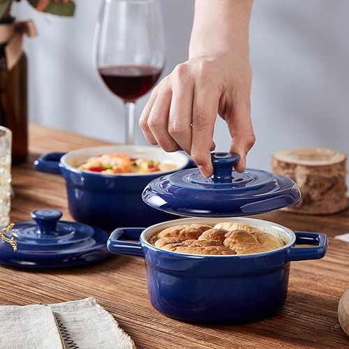 Miniatura 5 de Lareina Mini Cocotte - Cacerolas de cerámica de 12 onzas - Juegos de cacerolas de cocina con asas y tapa - Pequeños moldes para hornear, aptos para
