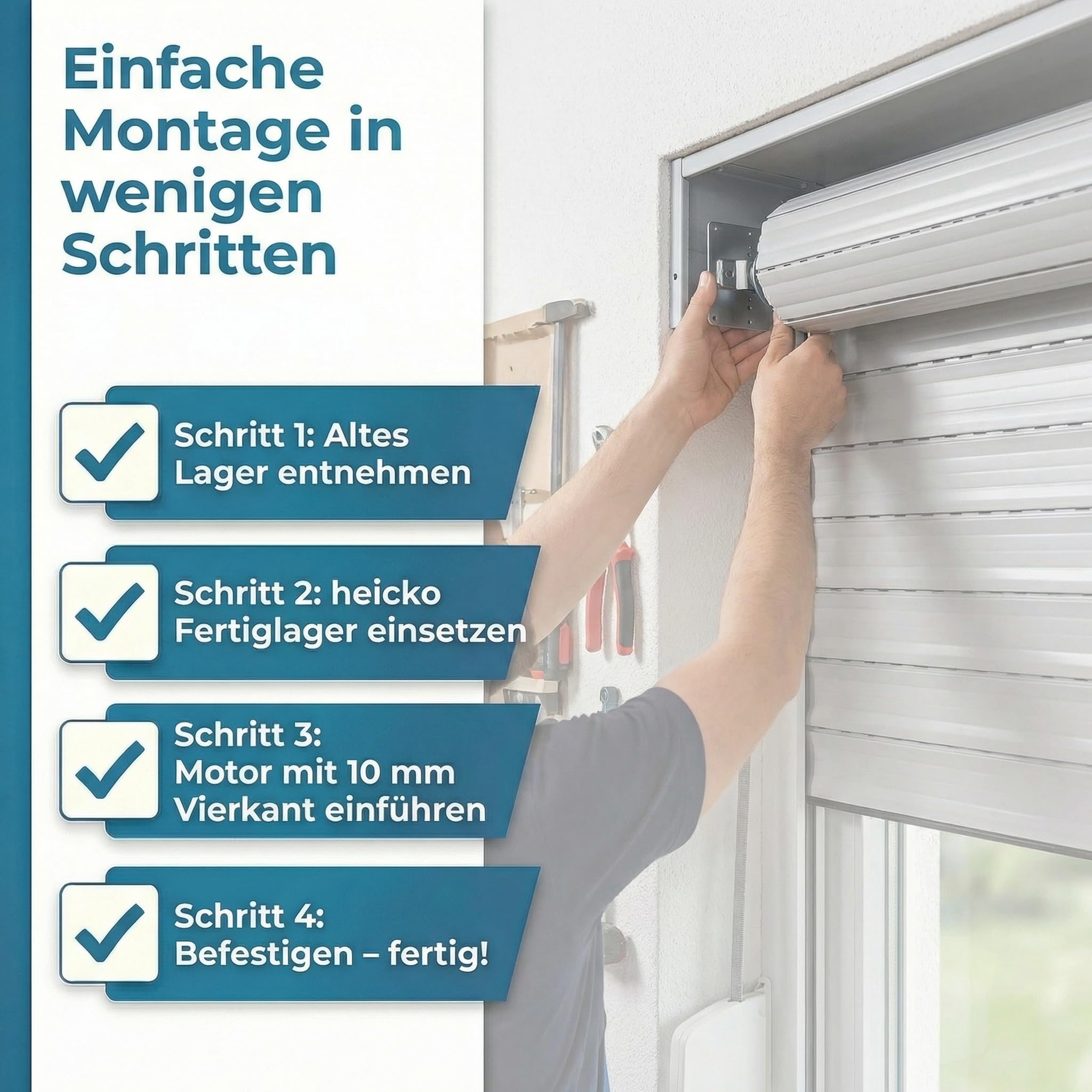 heicko Fertigkastenlager für Rohrmotoren 10mm Vierkant – Präzises Antriebslager 100x100mm für Rollladen Aufsatzkasten | Passend für Kömmerling & Veka Systeme | Robuster Edelstahl für stabile Montage