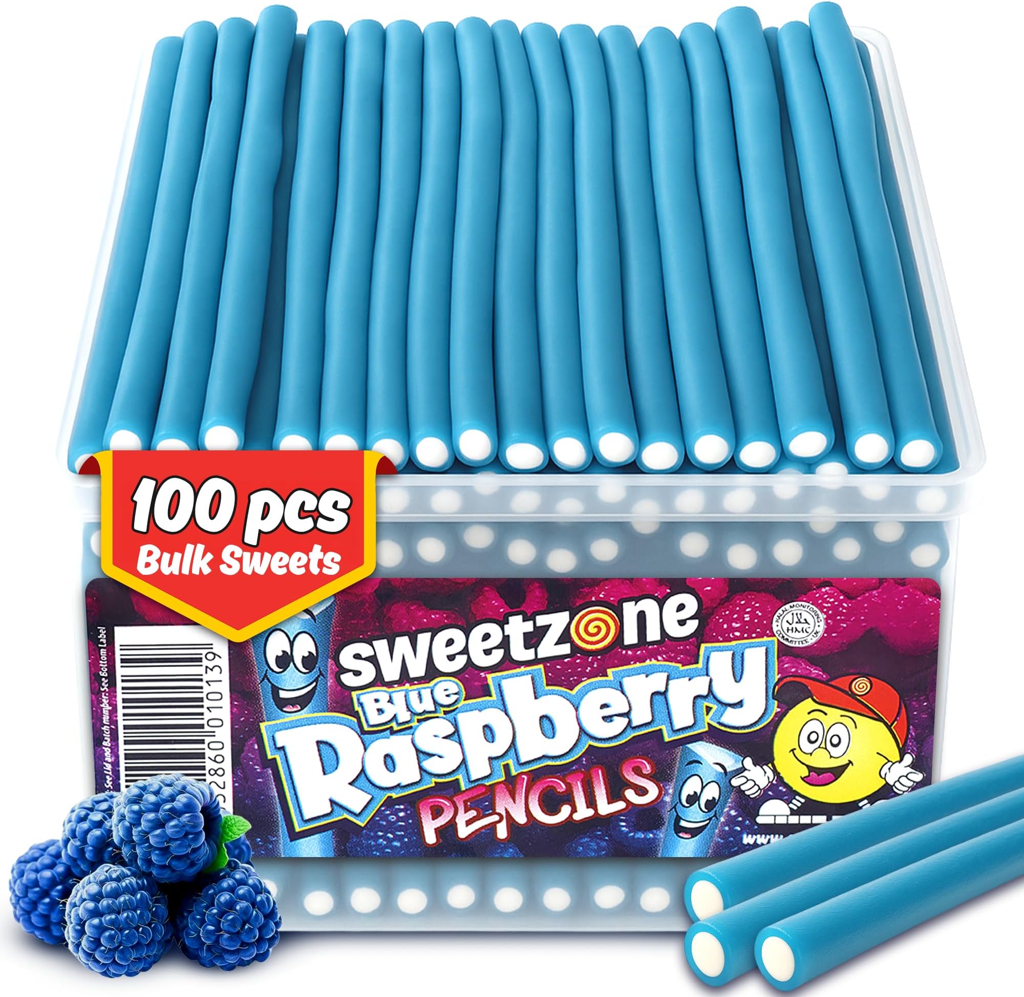 Sweetzone Blue Raspberry Pencils Tub, Pencil Sweets, 100 pc, Halal Sweet, Wine gums, American Gum, British Sweets, Sweet Pie, Licorice Liquorice Allsorts, Irresistible for Candy Lovers