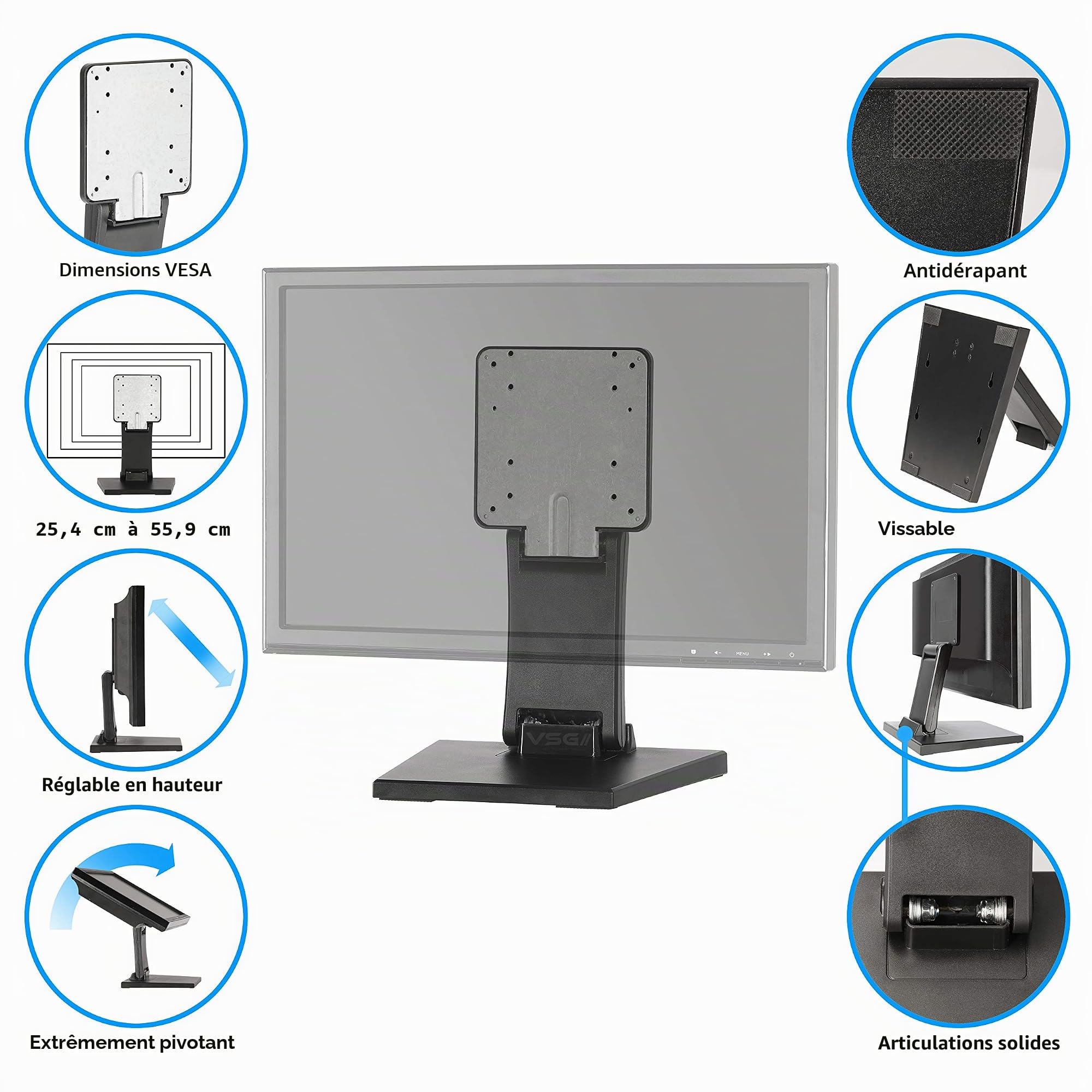 VSG24 92001 - Support de Moniteur POS, PC ou écran Tactile, réglable, Pliable et Ajustable, Bras, VESA, métal, pour écrans de 10 à 22 Pouces - Noir
