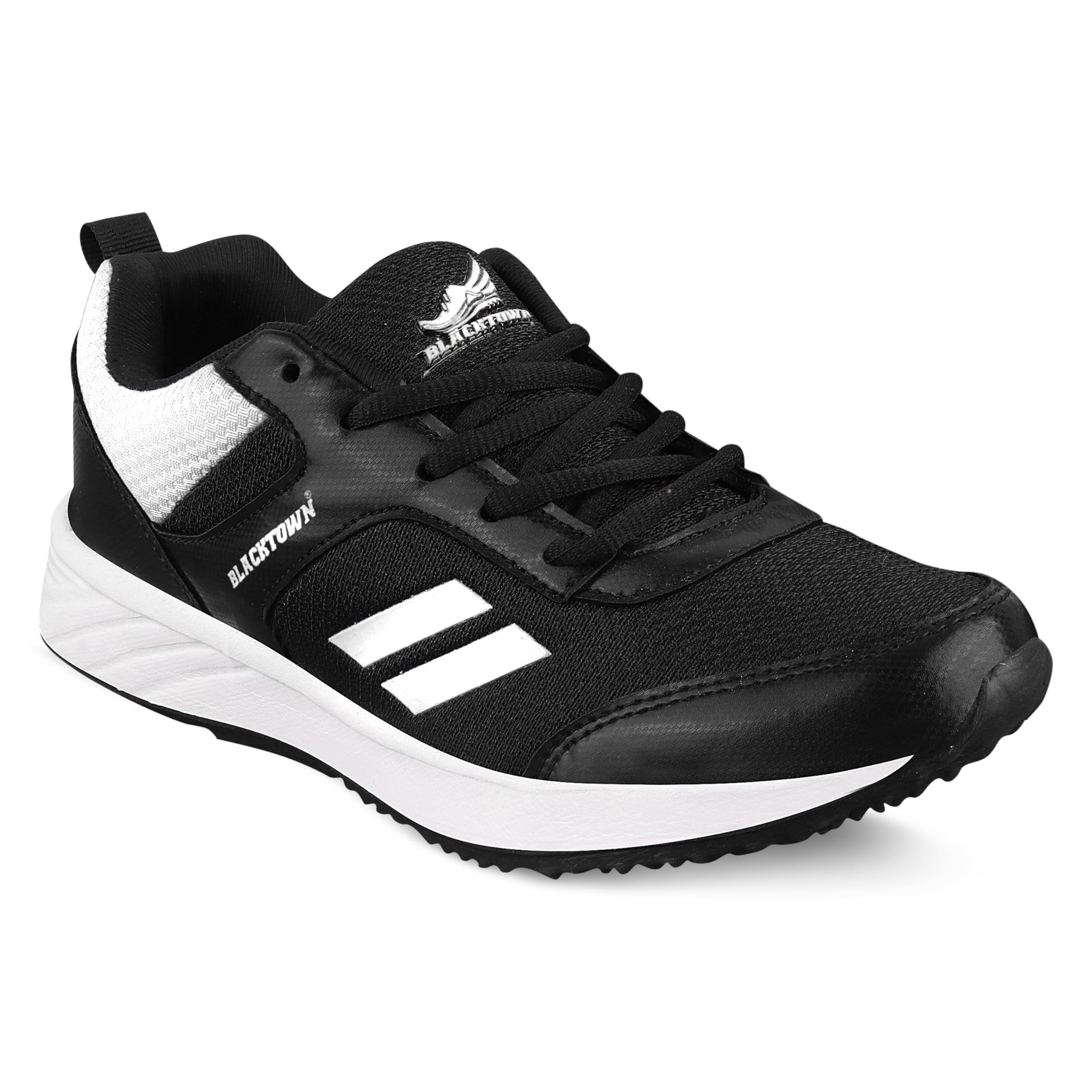 BLACKTOWN Men's Lightweight Sports Shoes | Breathable Mesh Upper | EVA Sole for Running | Black & White, Size: 8 3