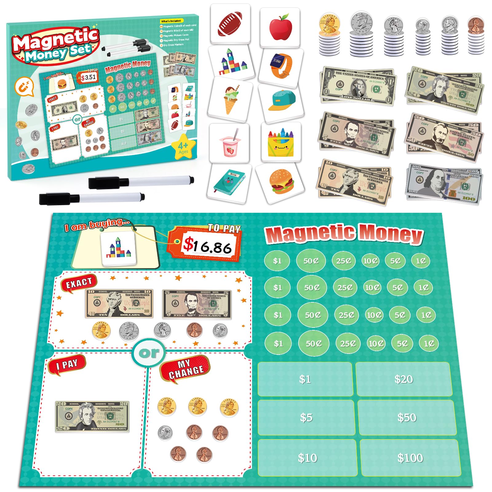 Magnetic Play Money for Kids, Fake Money for Teaching Prop Money Realistic Bills and Coins, Pretend Play Toys, Math Games for Toddlers, Learning & Education Toy Money for Classroom Homeschool Supplies