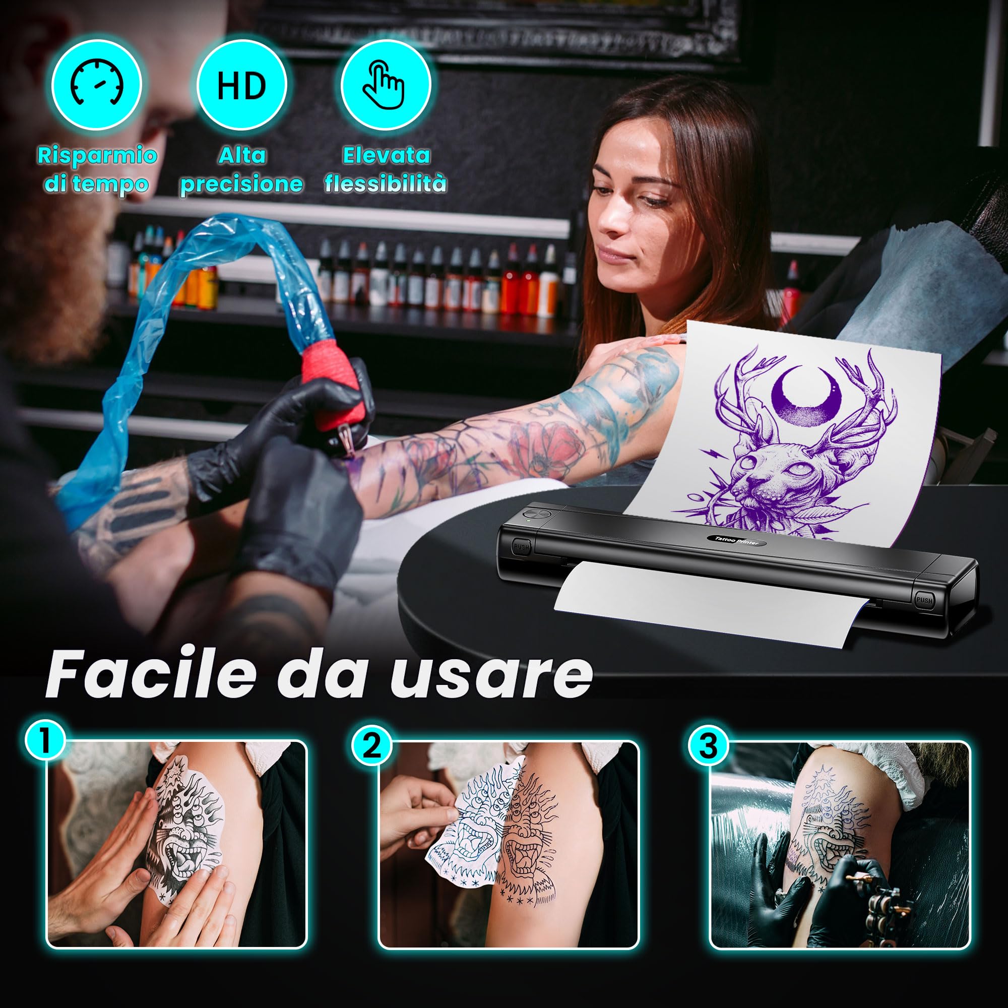 TATTMUSE Stampante Stencil Tattoo, Stampante Termica Tattoo con 10 Fogli di Carta Transfer per Tatuaggi, Stencil Machine per Artisti e Principianti, Bluetooth Compatibile con Smartphone & Tablet
