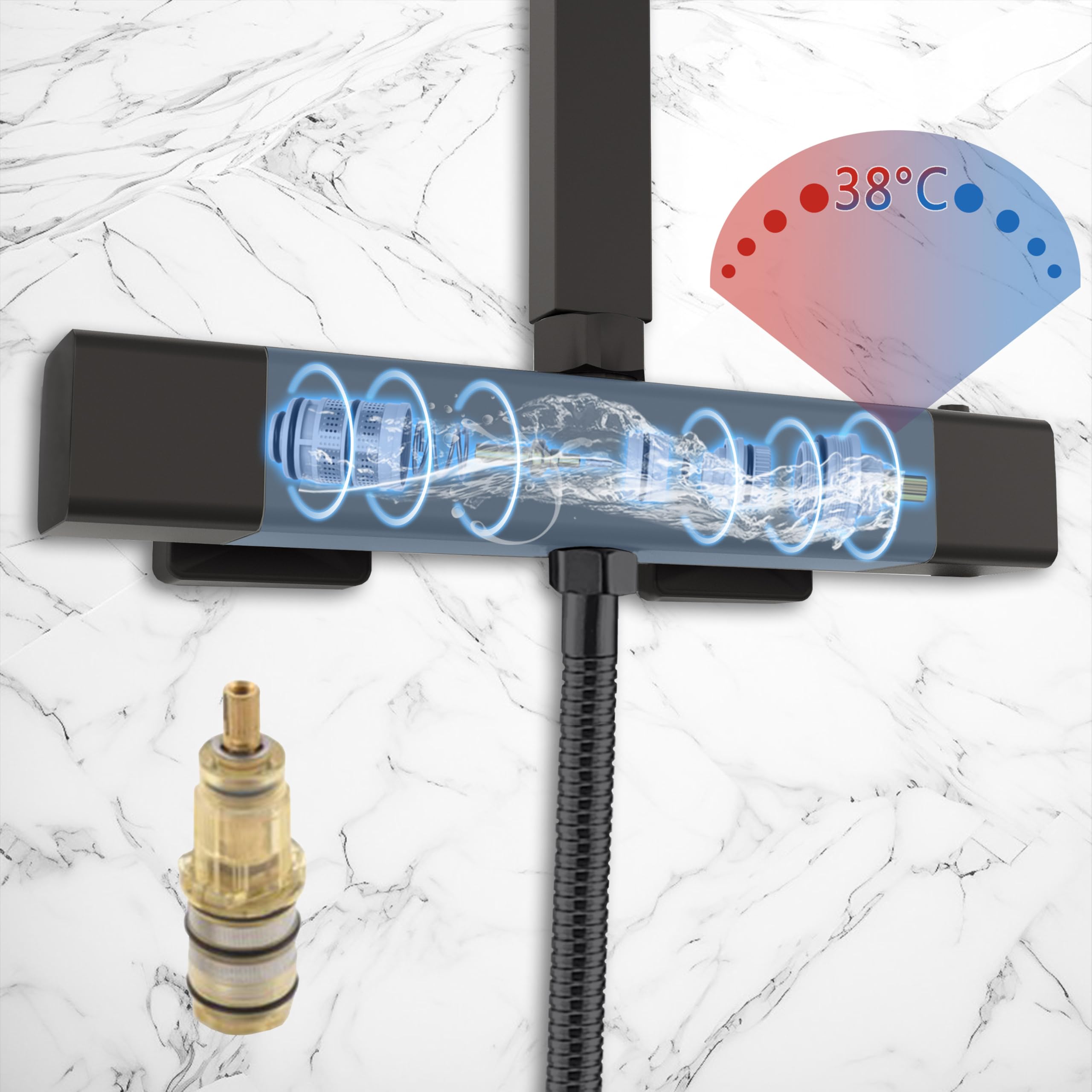 AICA Colonna Doccia con Miscelatore, Saliscendi Doccia Altezza Regolabile 80cm-120cm, Colonna Doccia con Soffione e Doccetta Quadrata 22x6.4cm, Miscelatore Termostatico Doccia in Acciaio Inox Nero