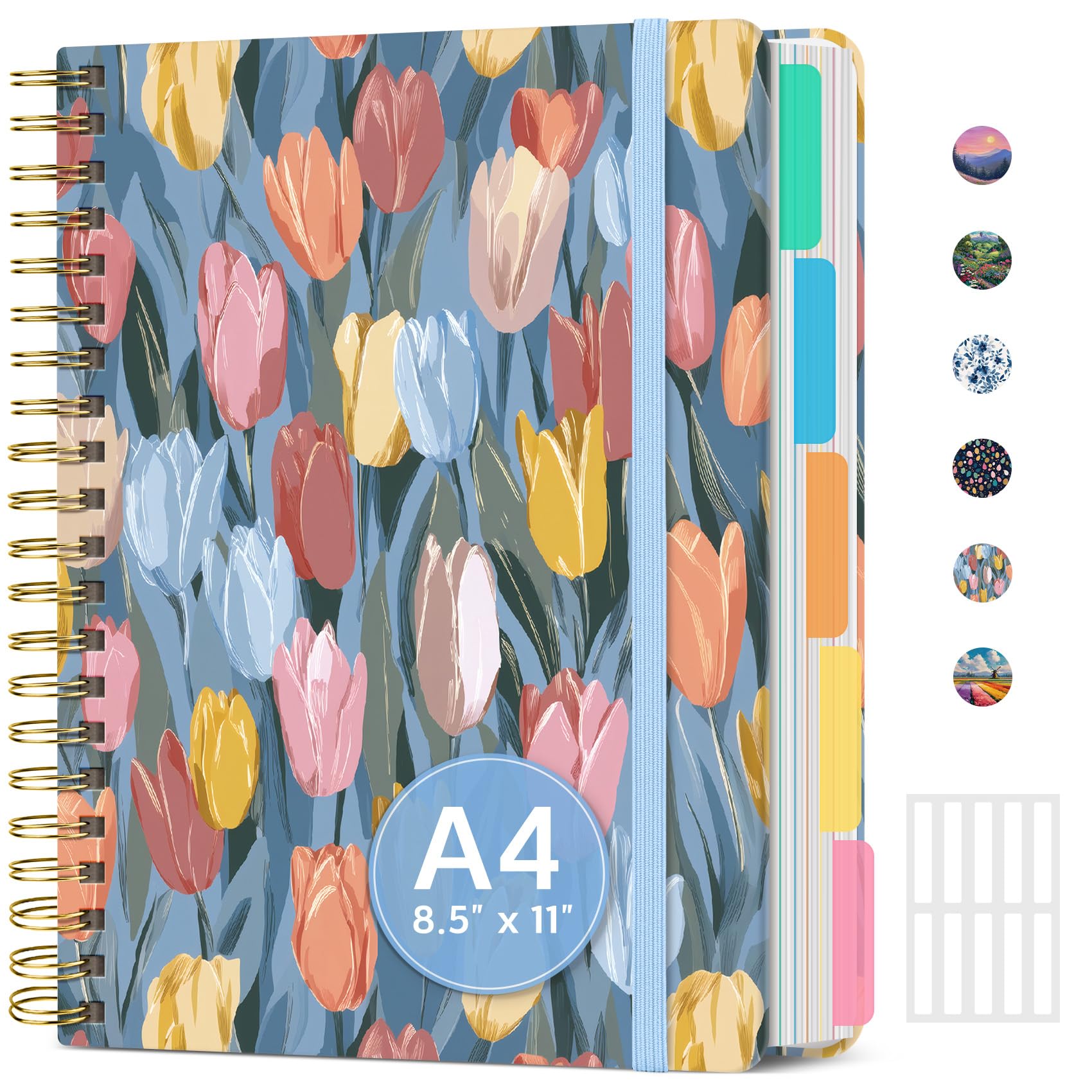 Grande quaderno a spirale per lavoro con divisori e linguette, 21,6 x 27,9 cm, copertina rigida, 5 soggetti, a righe, 280 pagine, tulipani morbidi