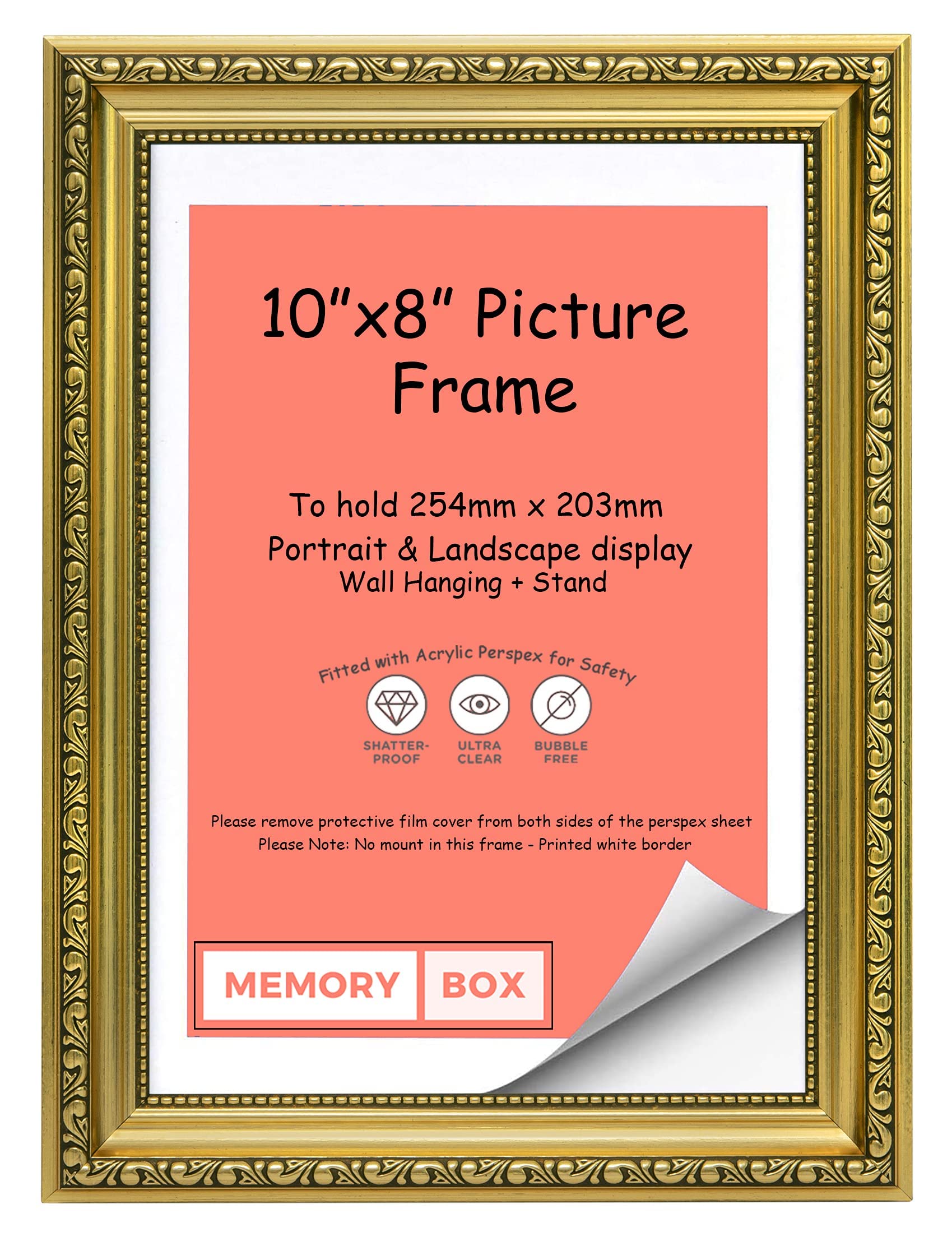 Memory Box Ornate Shabby Chic Picture/Photo/Poster frame with Perspex Sheet - (25.4 x 20.3cm) Gold 10" x 8"
