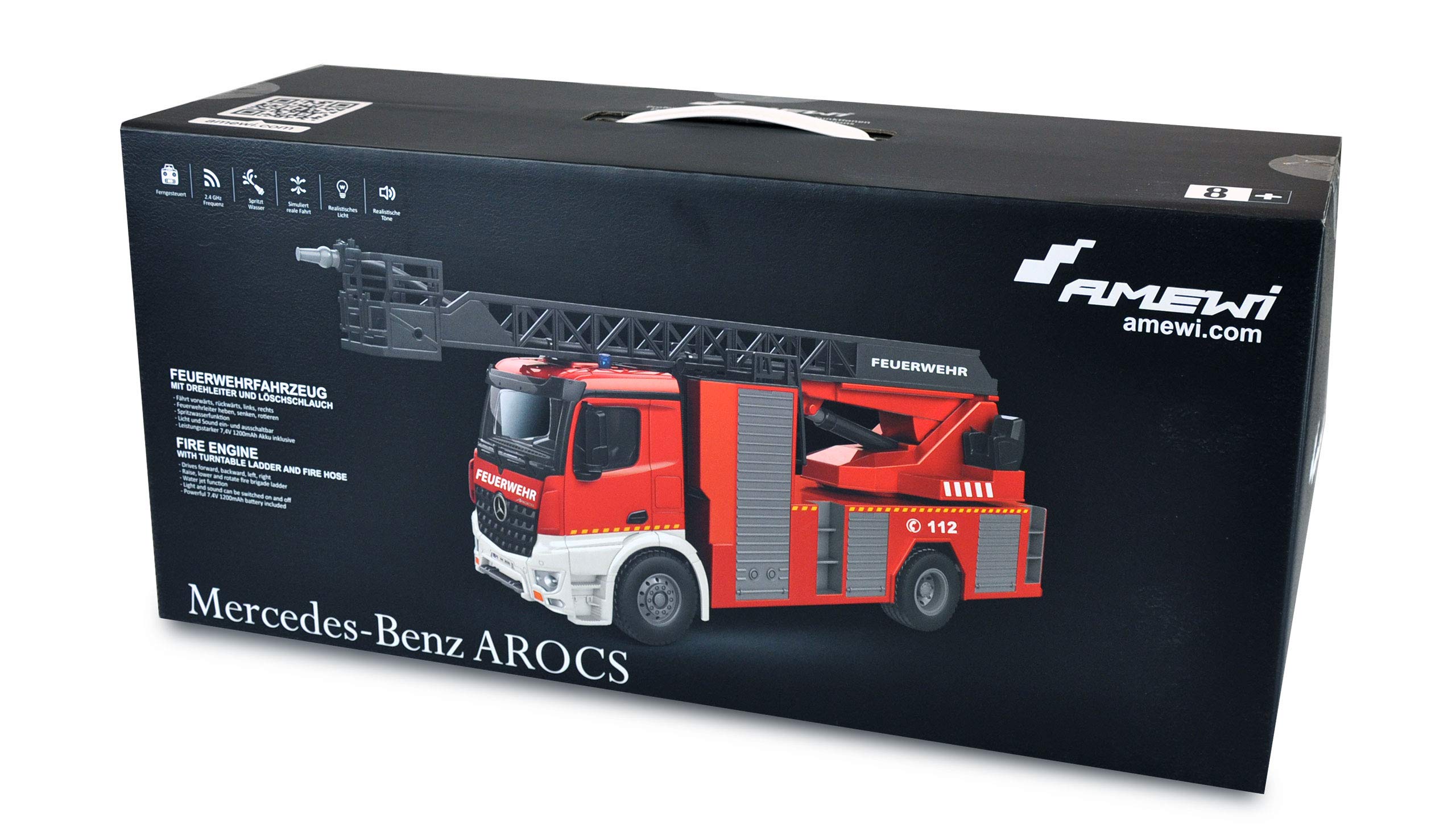 Amewi 22502 Mercedes-Benz Feuerwehr Drehleiterfahrzeug 1:18, RTR, Lizenzfahrzeug, Rot/Weiß