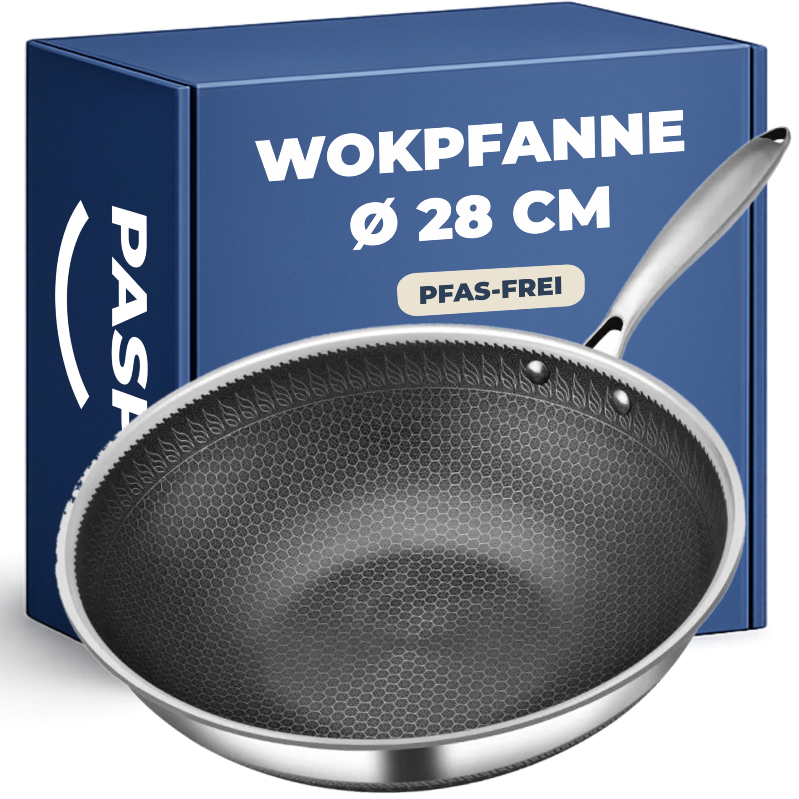 Pasper Padella wok Ø 28 cm – senza PFAS – induzione, elettrica, ceramica, gas e forno – padella in acciaio inox con rivestimento antiaderente a nido d'ape antigraffio – lavabile in lavastoviglie