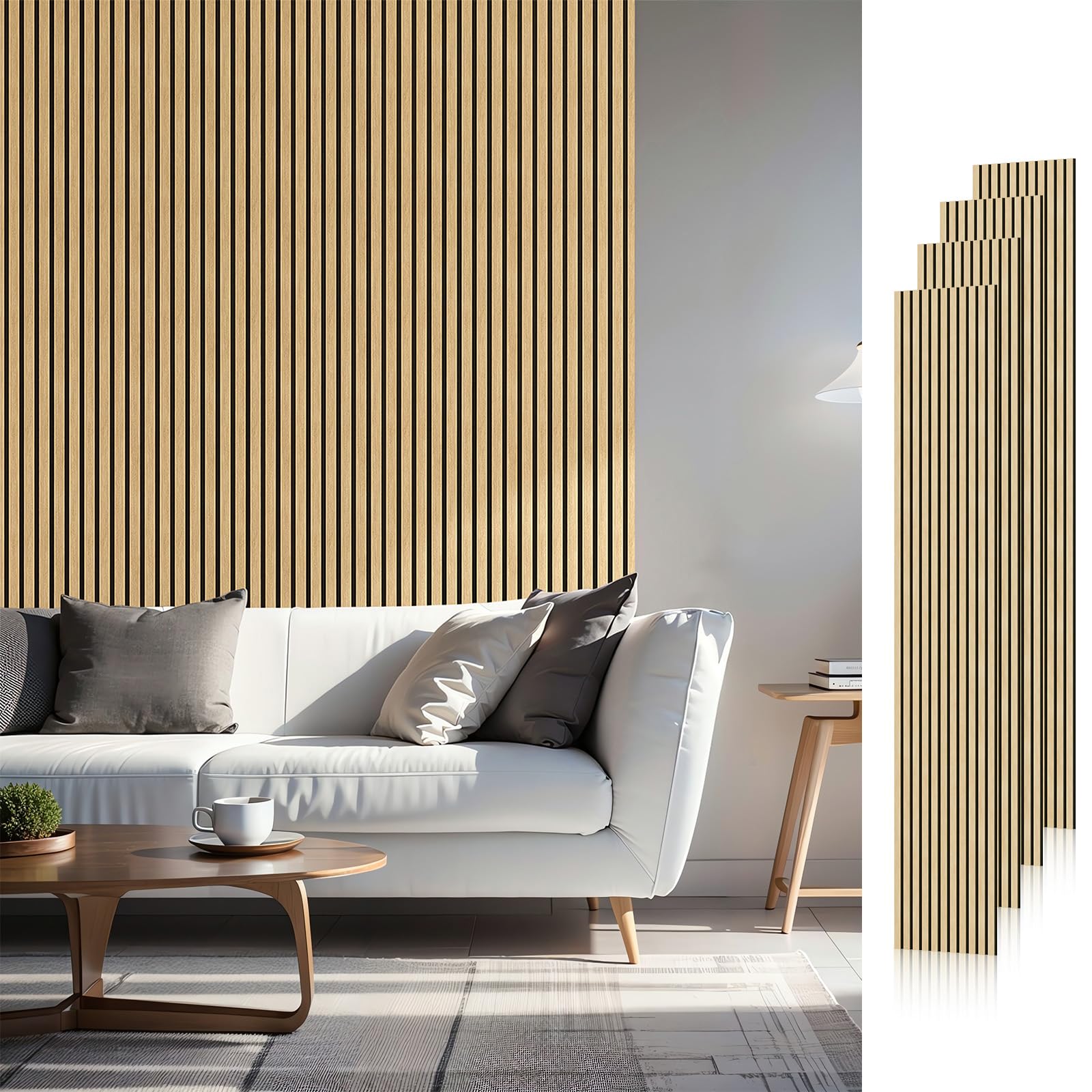 Photo 1 of **AS IS, FINAL SALE** SMARTSTANDARD 32.8 Sq Ft Wood Slat Acoustic Panels, 4 Pack 94"x12.6" White Oak Slats, Sound Absorbing Wall & Ceiling Panels for Home Theater, TV Background & Accent Wall Decor