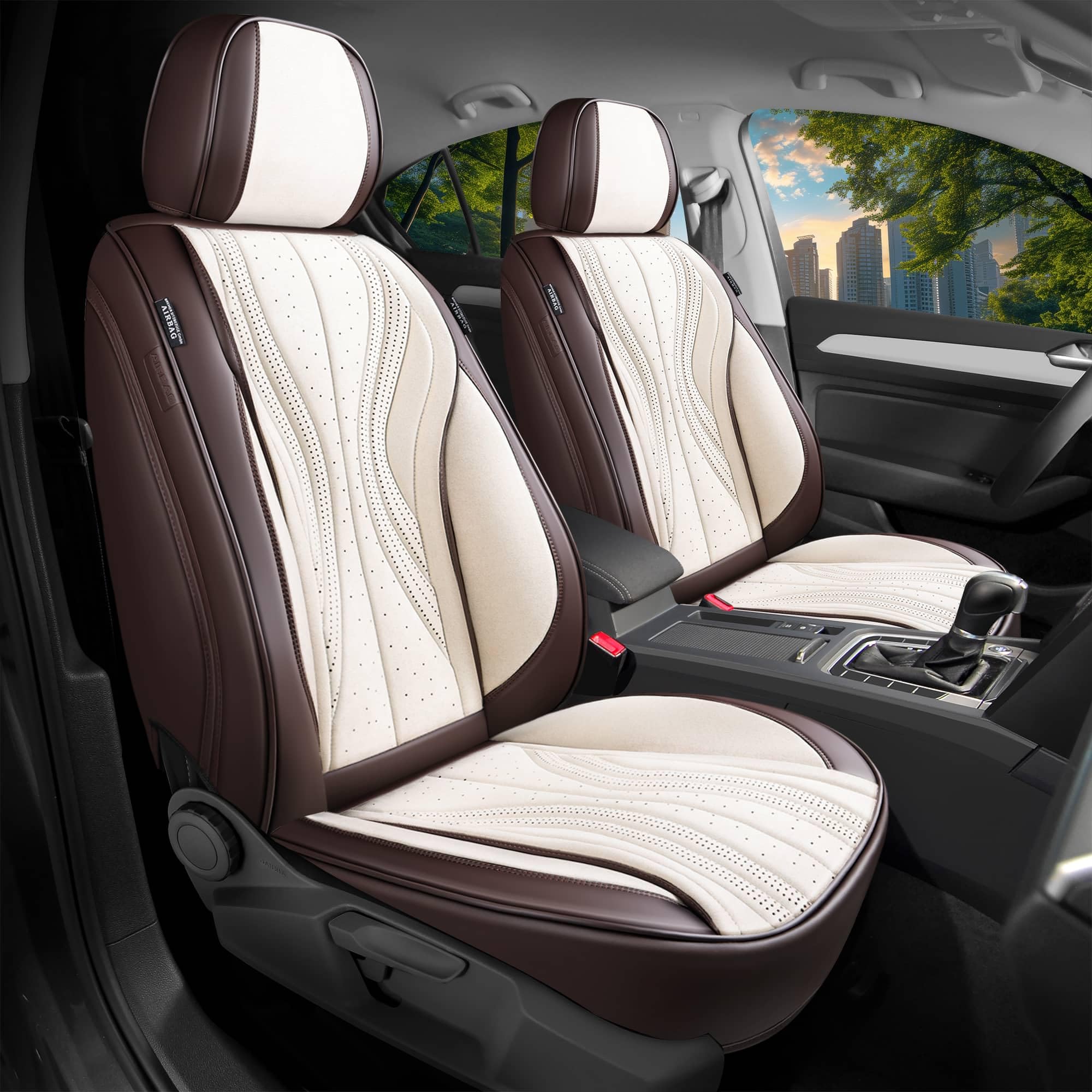 Autositzbezüge Universal für PKW, SUV – Premium Vordersitzbezüge Braun/Beige, hochwertig verarbeitet für mehr Sitzkomfort, Airbag-kompatibel, Schonbezüge für Fahrer & Beifahrersitz mit Rückentasche
