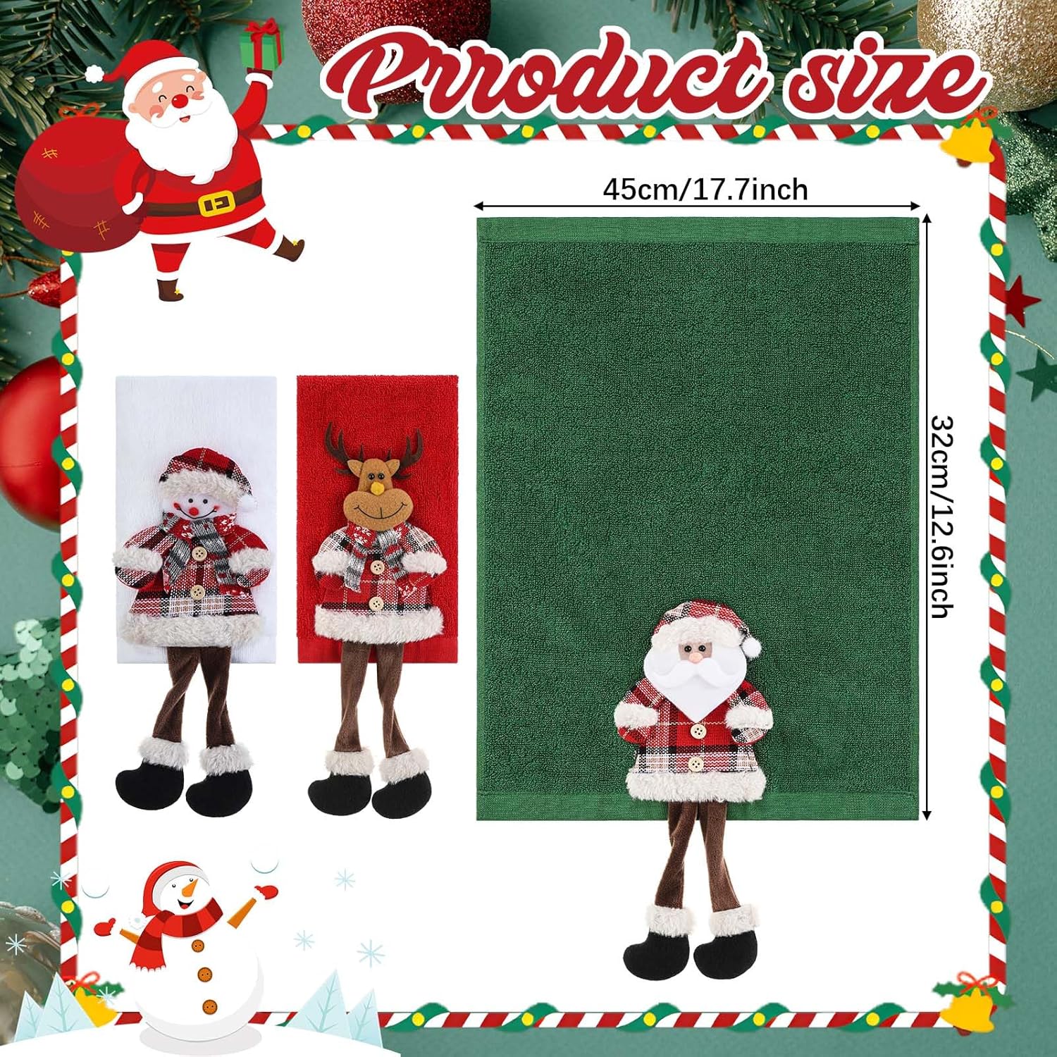 Tudomro 3 Pcs 3D Christmas Towel, Festive 3D Santa Claus Snowman Reindeer Doll Decorative Hand Towels, Cotton Wash Absorbent Washcloths for Kitchen Bathroom, Xmas Winter Decor