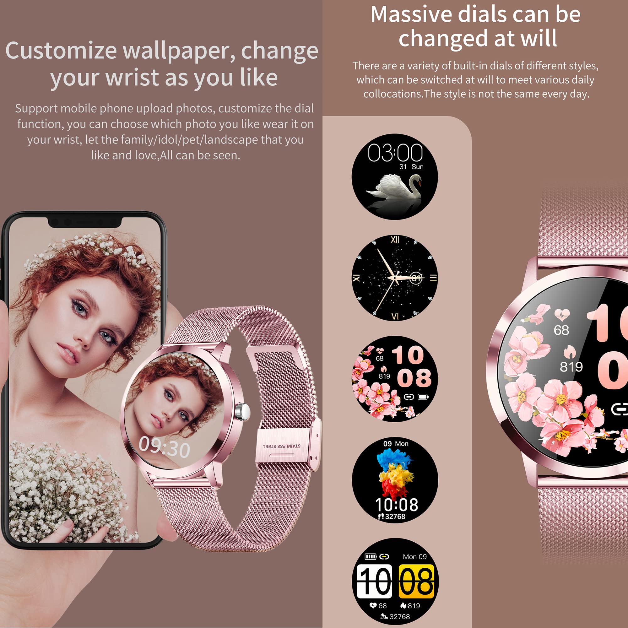 Montre Connectée Femmes IP67 Etanche Smartwatch Sport avec Moniteur Sommeil Fréquence Cardiaque, 22 Modes Sport, Podomètre pour Android iOS