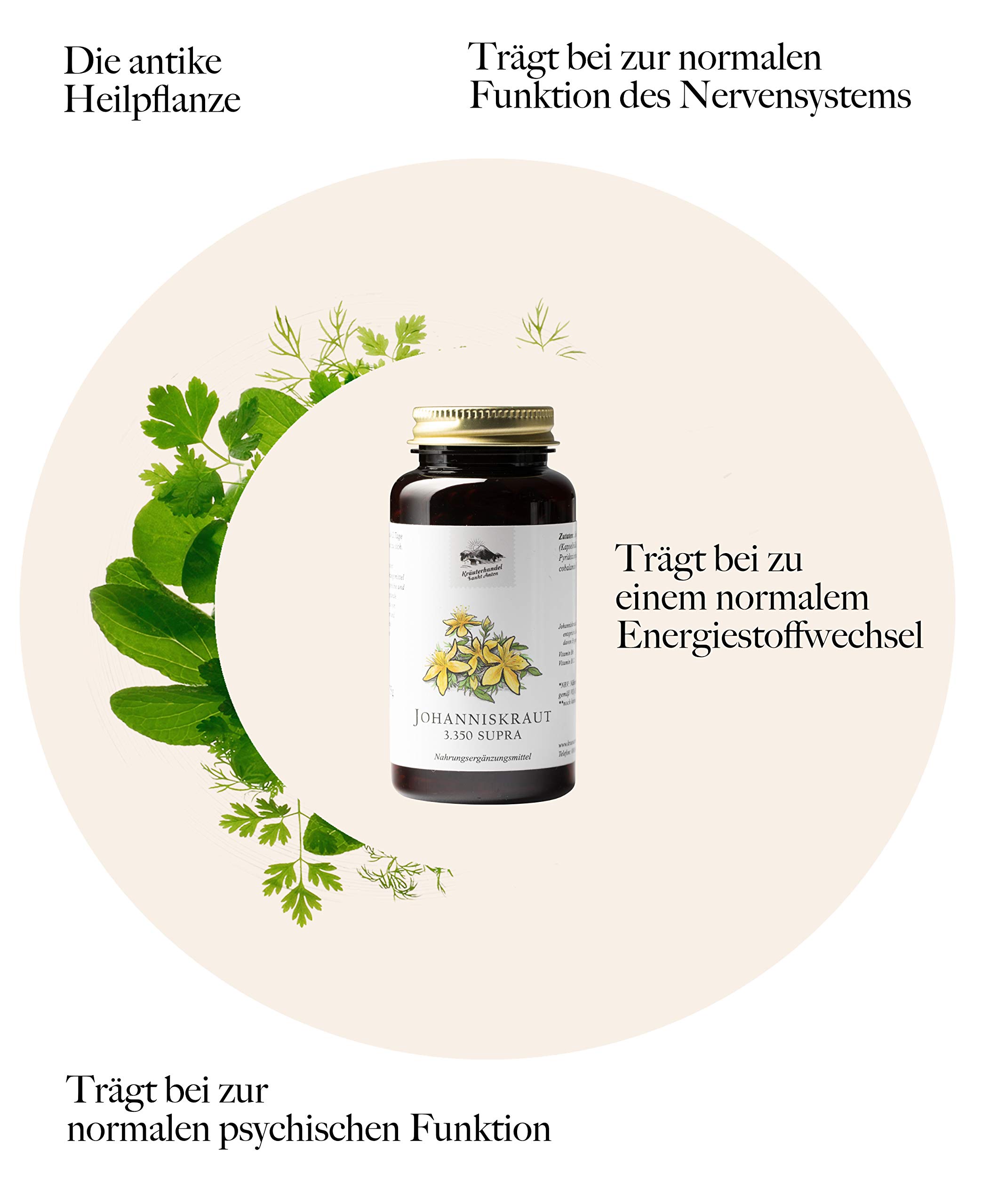 KRÄUTERHANDEL SANKT ANTON - Johanniskraut Kapseln - 1,04 mg Hypericin - Hochdosiert (3.350 mg pro Kapsel) - Hypericin - Vitamin B6 und B12 - Deutsche Premium Qualität (150 Kapseln)