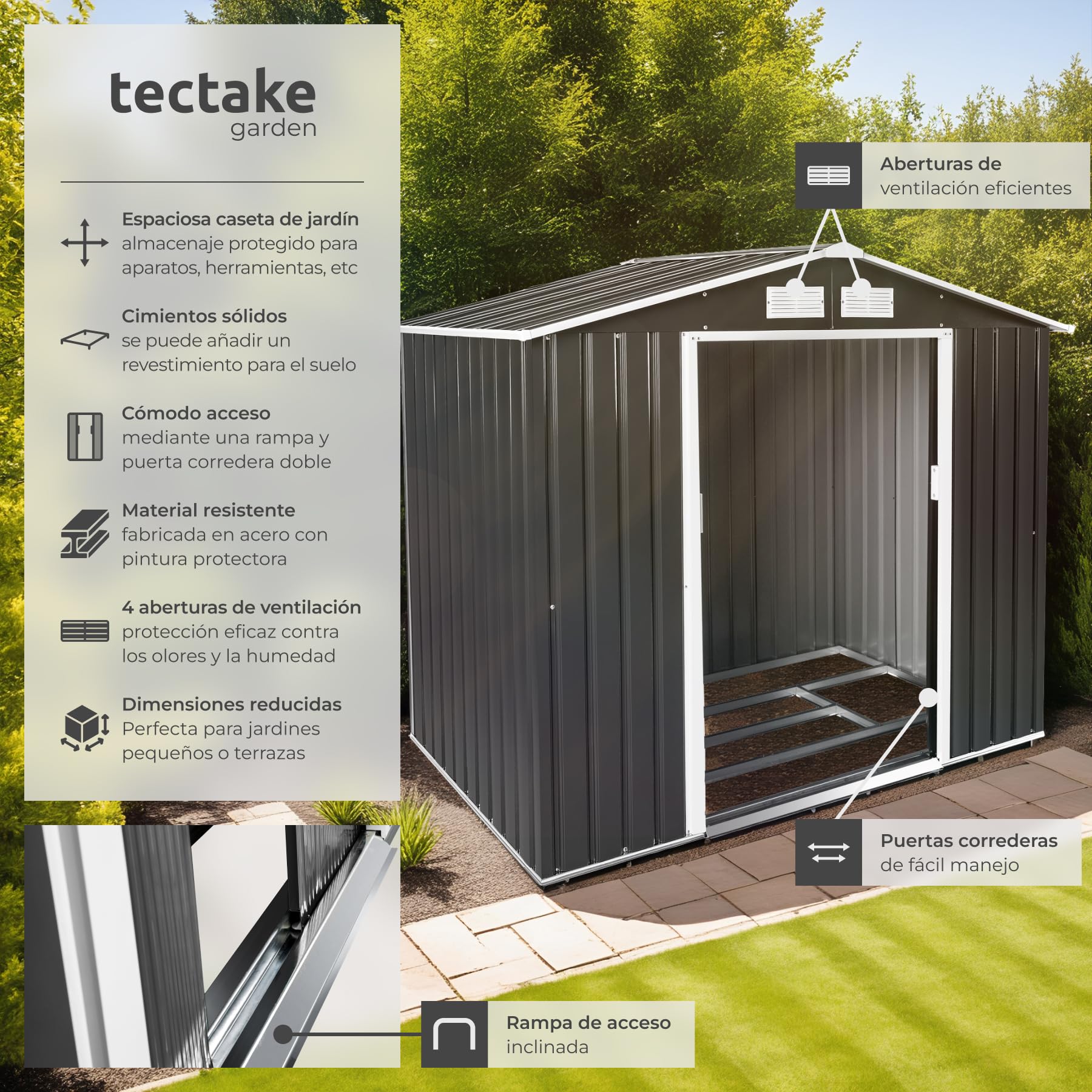 tectake® Cobertizo Jardín Metálico, Caseta Jardin Exterior, Almacenaje Herramientas Jardín, Bicicletas, Armario Jardin Exterior Metálico, Puerta Corredera, Volumen de 4,2 m³ - Gris/Blanco