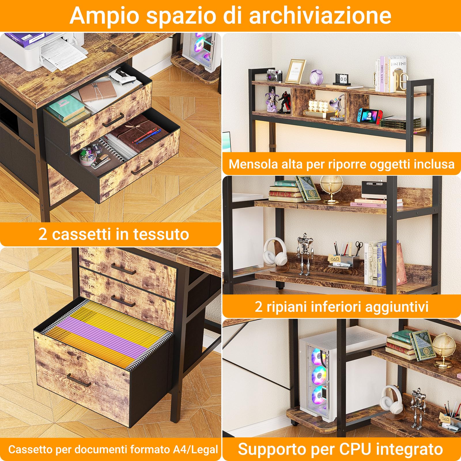 Homieasy Scrivania Gaming 150cm a L LED, Prese, Cassetti, Marrone Rustico | USB &Type-C, Libreria, Supporto Monitor, Reversibile, Salvaspazio, Struttura in Metallo e MDF