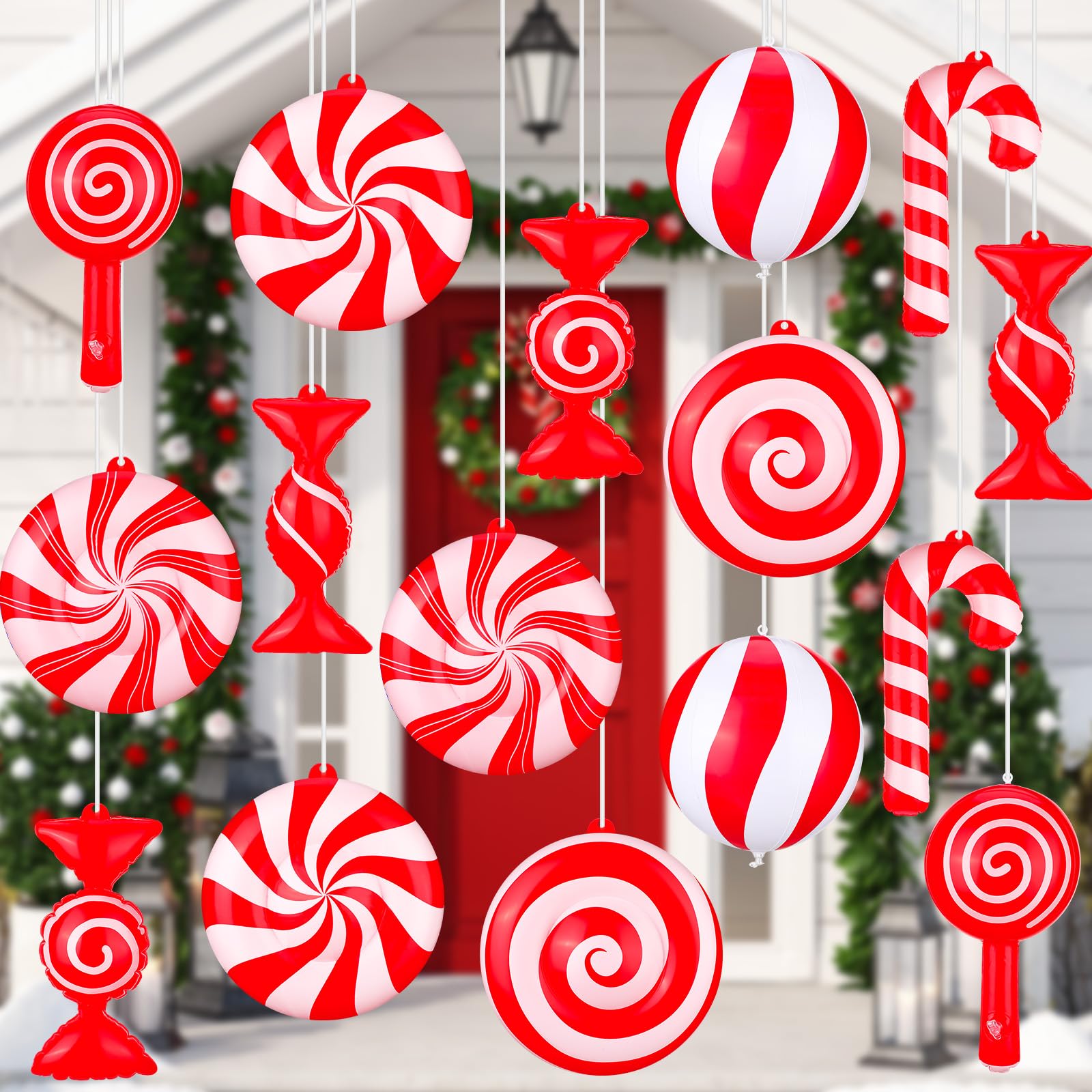 Jetec Lot de 16 décorations de Noël gonflables Rouges et Blanches de 22,9 cm à Suspendre en PVC pour Sapin de Noël, Cour, Porche