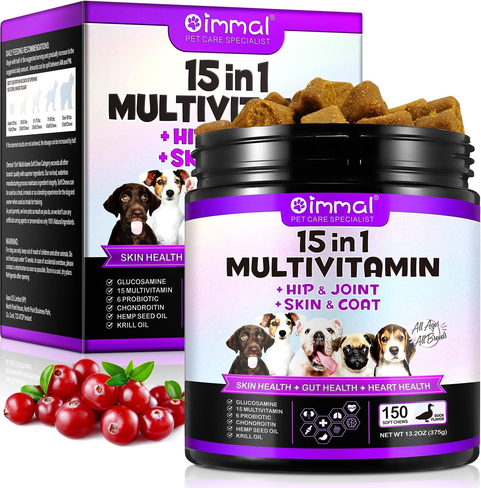 Multivitamin Vitamins for Dog, Dog Multi Vitamins Supplements, Dog Daily Vitamins Chewable Glucosamine Probiotics Dogs Immunity, Gut, Skin and Coat Allergies, Senior Dog Vitamins Duck Flavor Chewable