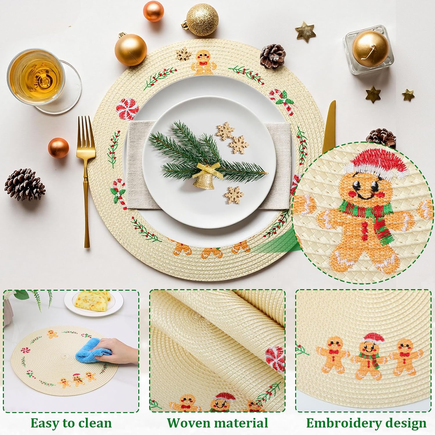 Remerry Christmas Round Placemats Set of 6, Gingerbread Man Xmas Embroidered Placemats Seasonal Autumn Holiday Table Mats Heat Resistant for Christmas Home Kitchen Dining Restaurant Decoration Gift