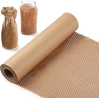 Honeycomb Packing Paper, 12" x 66' Cushioning Wrap Roll, Kraft Wrapping Paper for Shipping, with 20 Fragile Sticker Labels