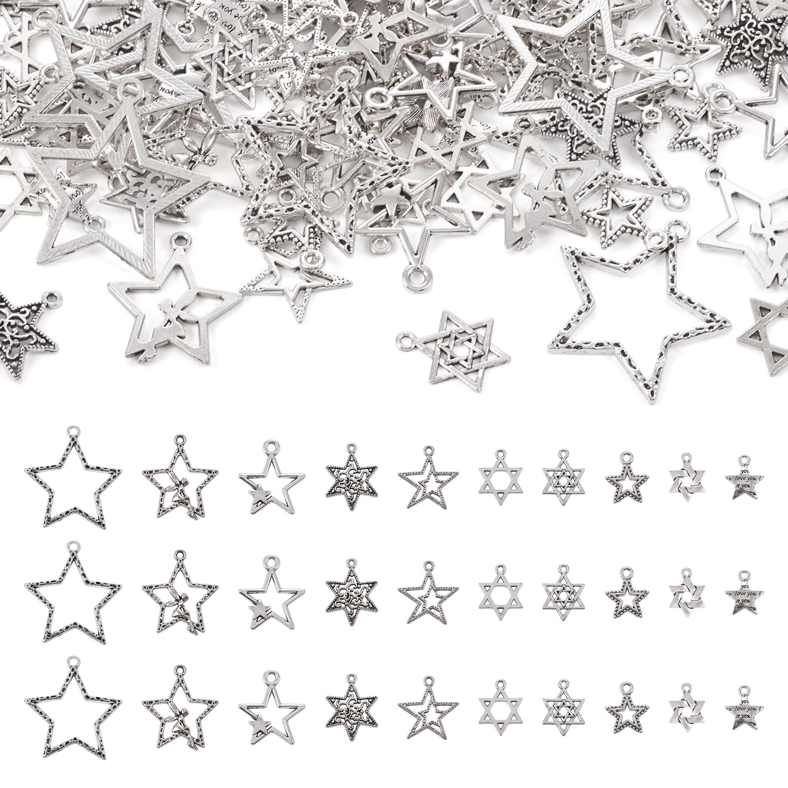 PandaHall 100pcs Tibetan Style Alloy Pendants Antique Sliver Star Dangle Charms for DIY Crafts Necklace Jewelry Making