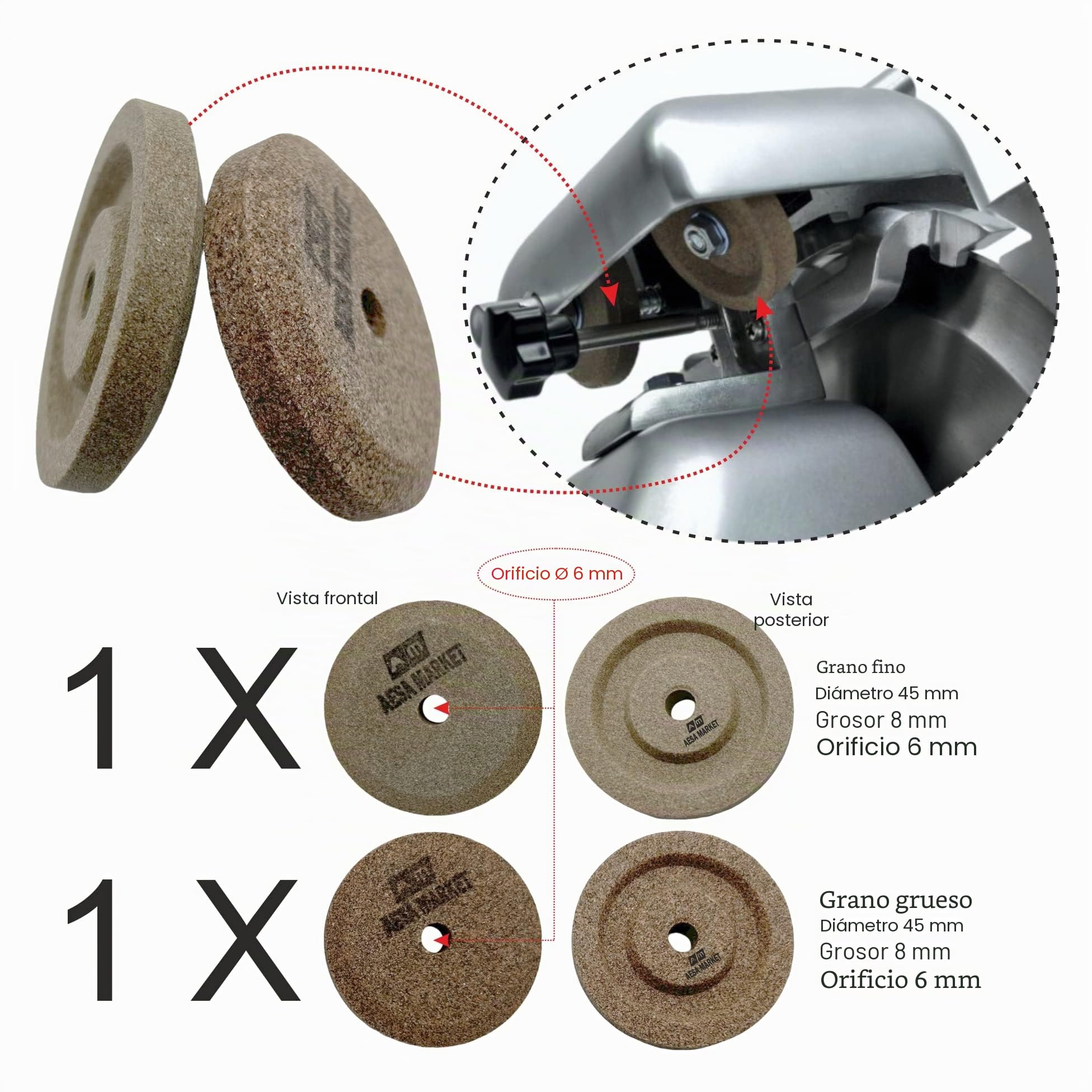 Afilador afilador hoja rebanadora par molas esmeriles compatibles con RGV, FAC, MISTRO otras ø 45 - h 8 - orificio 6 mm